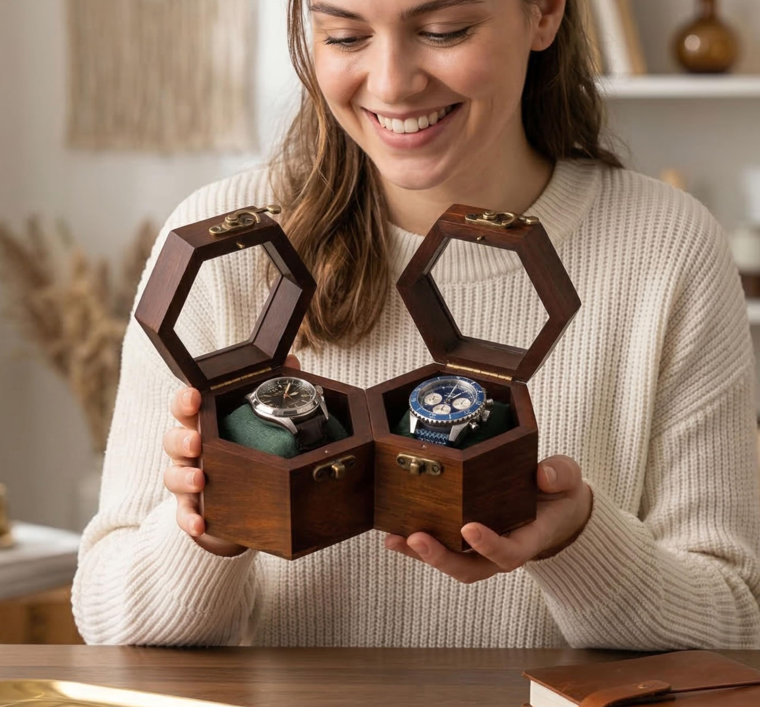 Boîte à Montres Double Fente pour Homme - Rangement en Palissandre Foncé - Cadeau de Saint-Valentin - Organisateur