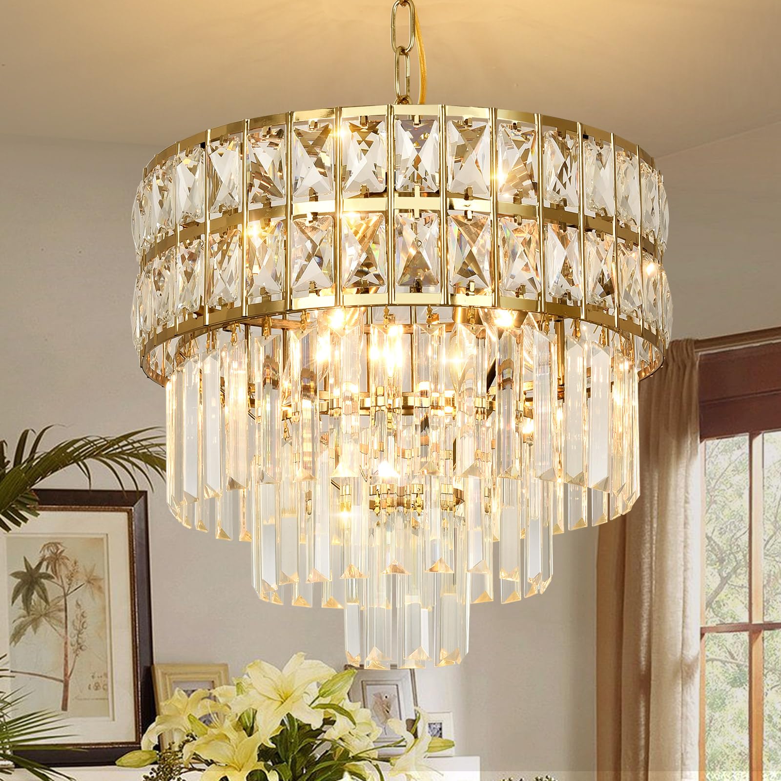 AOOCHOK Modern Crystal Chandelier Gold Pendant, Round Crystal Light Fixture Hanging Lamp, for Dining Room, Restaurant, Hallway, Balcony, Φ40cm