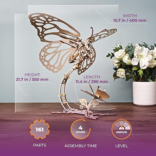 Miniatura 2 de UGEARS Mariposa rompecabezas de madera 3D para adultos, kit de modelo 3D para adultos, adolescentes, cortes láser