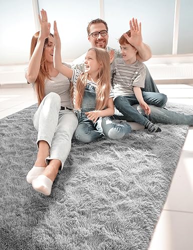Miniatura 2 de Macgace Alfombras esponjosas para decoración de dormitorio, alfombra de pelo largo gris de 3 x 5 pies con puntos antideslizantes para sala de estar,