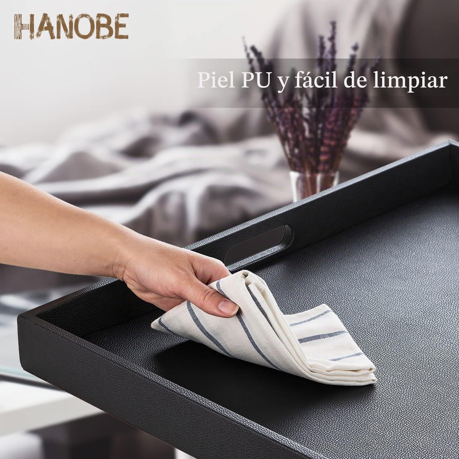 Hanobe Bandeja otomana Cuadrada Grande: Bandeja Negra Extra Grande para otomanas, Bandeja Decorativa de Cuero Grande con Asas para Mesa de café, Sala de Estar, 22 x 22 Pulgadas