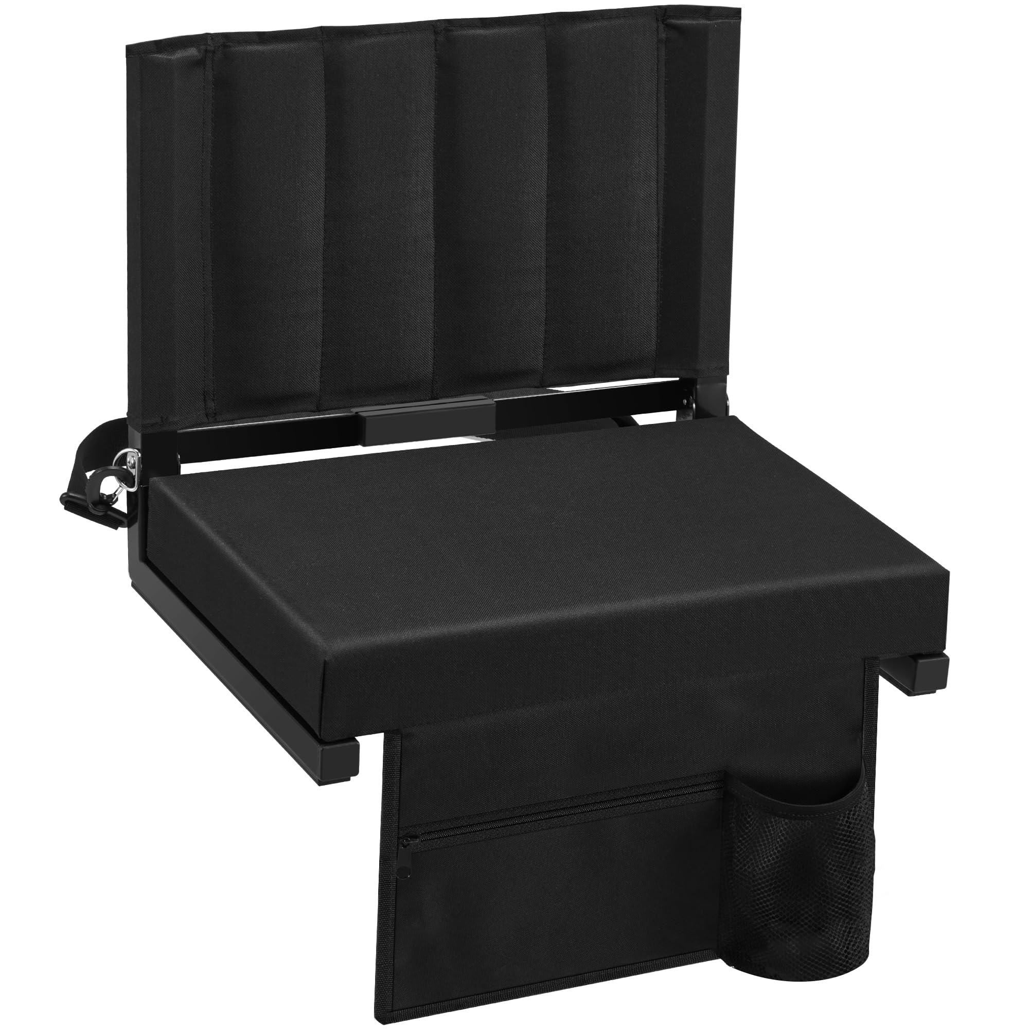 Eusuncaly Stadium Seat for Bleachers with Back Support and Wide Comfy Padded Cushion, Foldable Stadium Seats Chairs with Shoulder Strap and Storage Pockets, Bench Chair for Bleachers,Black 1 Set