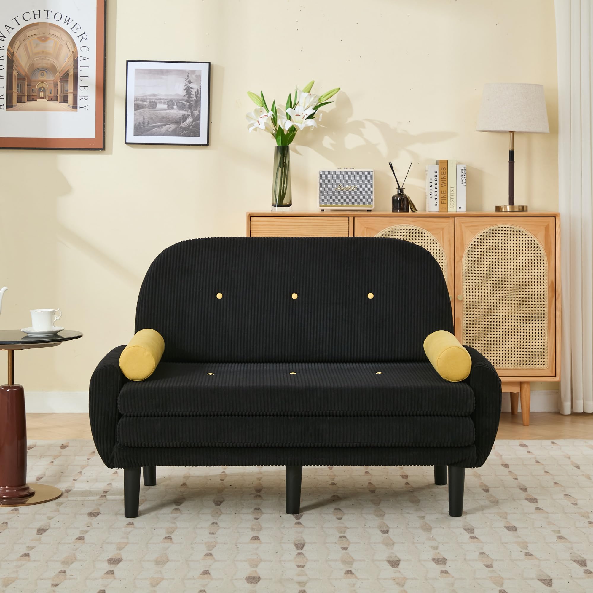 Generisch Schwarzer Cord-Loveseat-Sofa für das Wohnzimmer, als Daybed und Relaxsessel mit Stauraum.