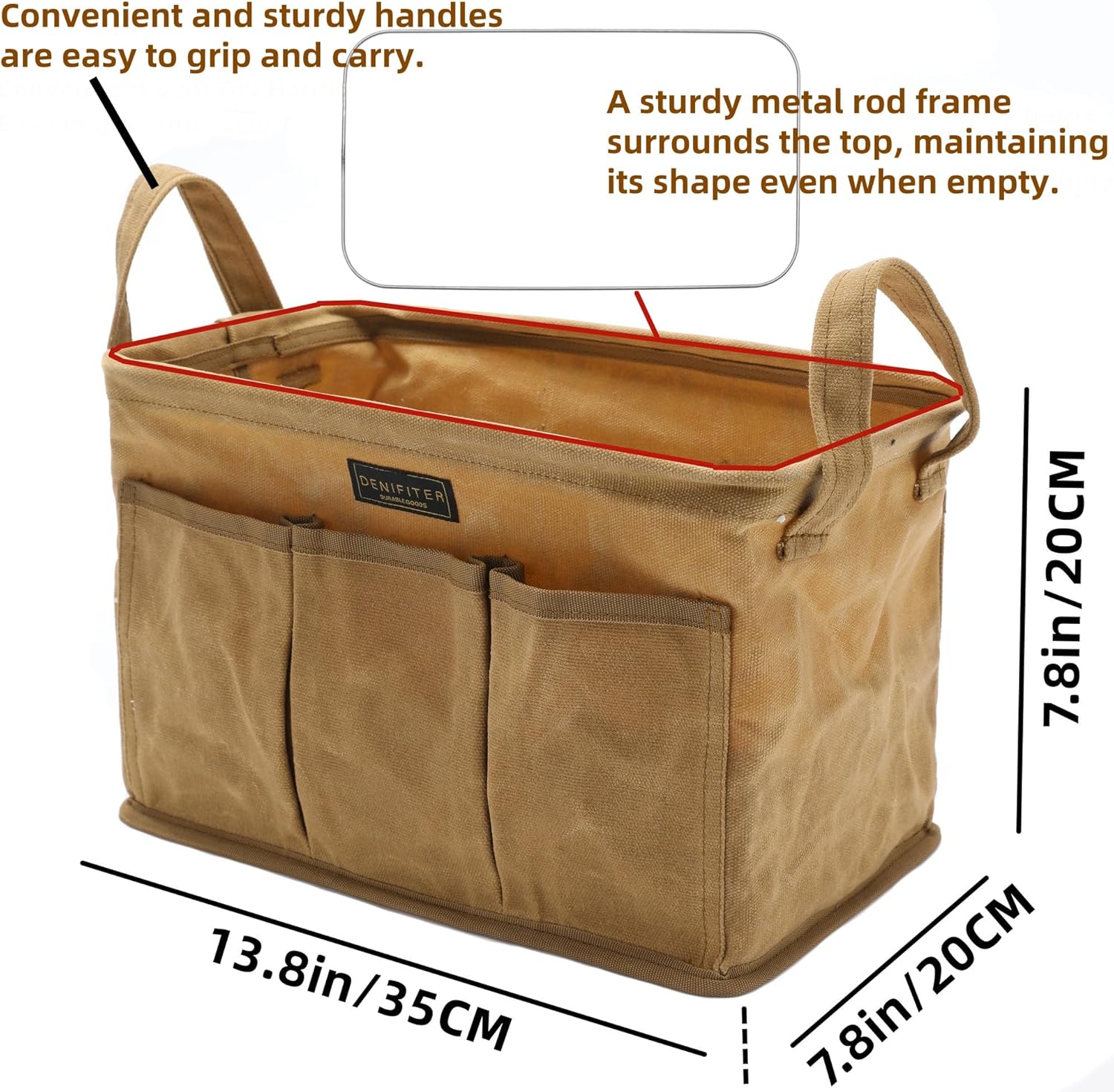 Tool Pouch, Heavy Duty 16oz Waxed Canvas Tool Bag, Rectangle Foldable Open Top Tool Bags with Handles, 7 Pockets | 13.8 x 7.8 x 7.8 Inches - Image 2