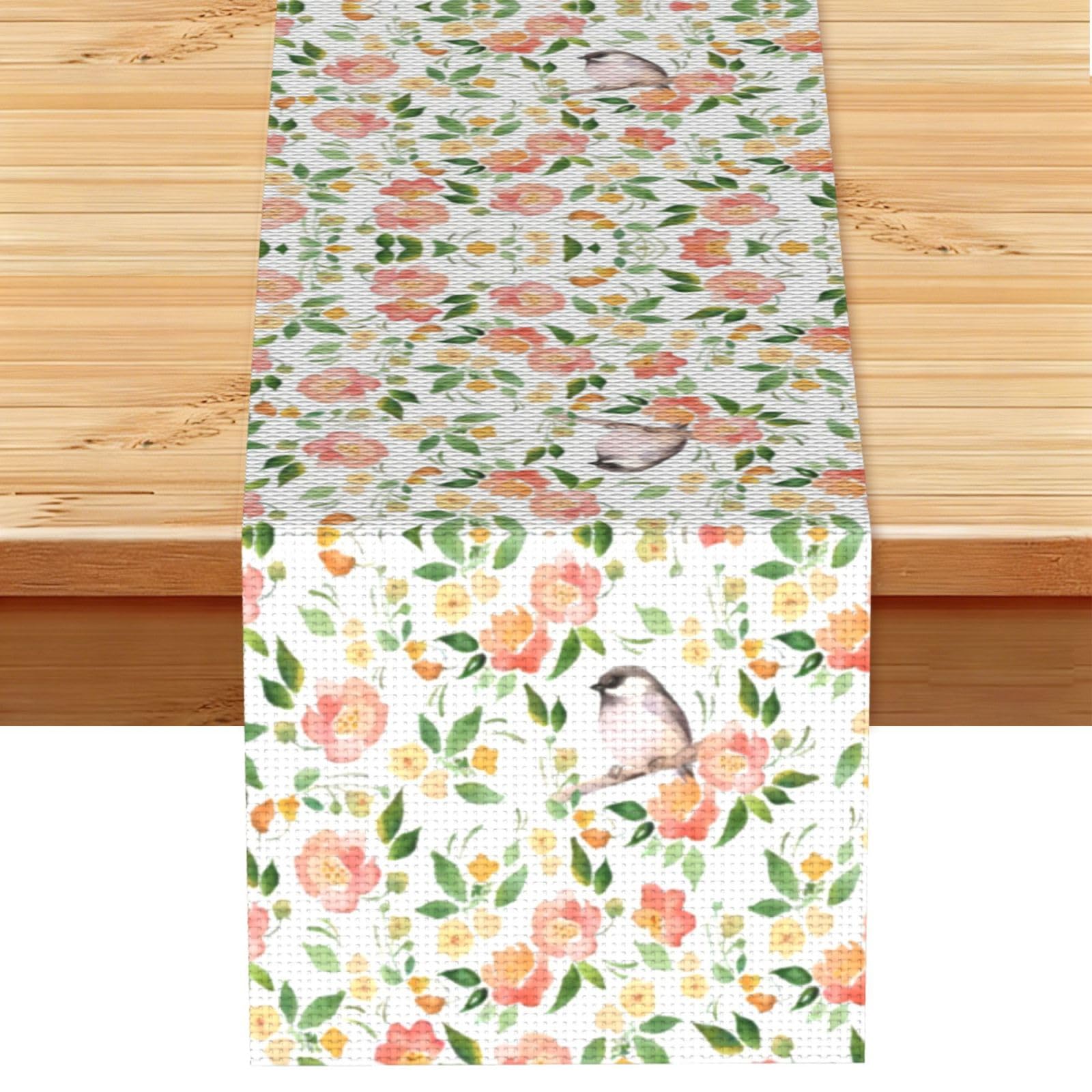 Flower and Bird Linen Feel Table Runner Wedding Party Home Decoration