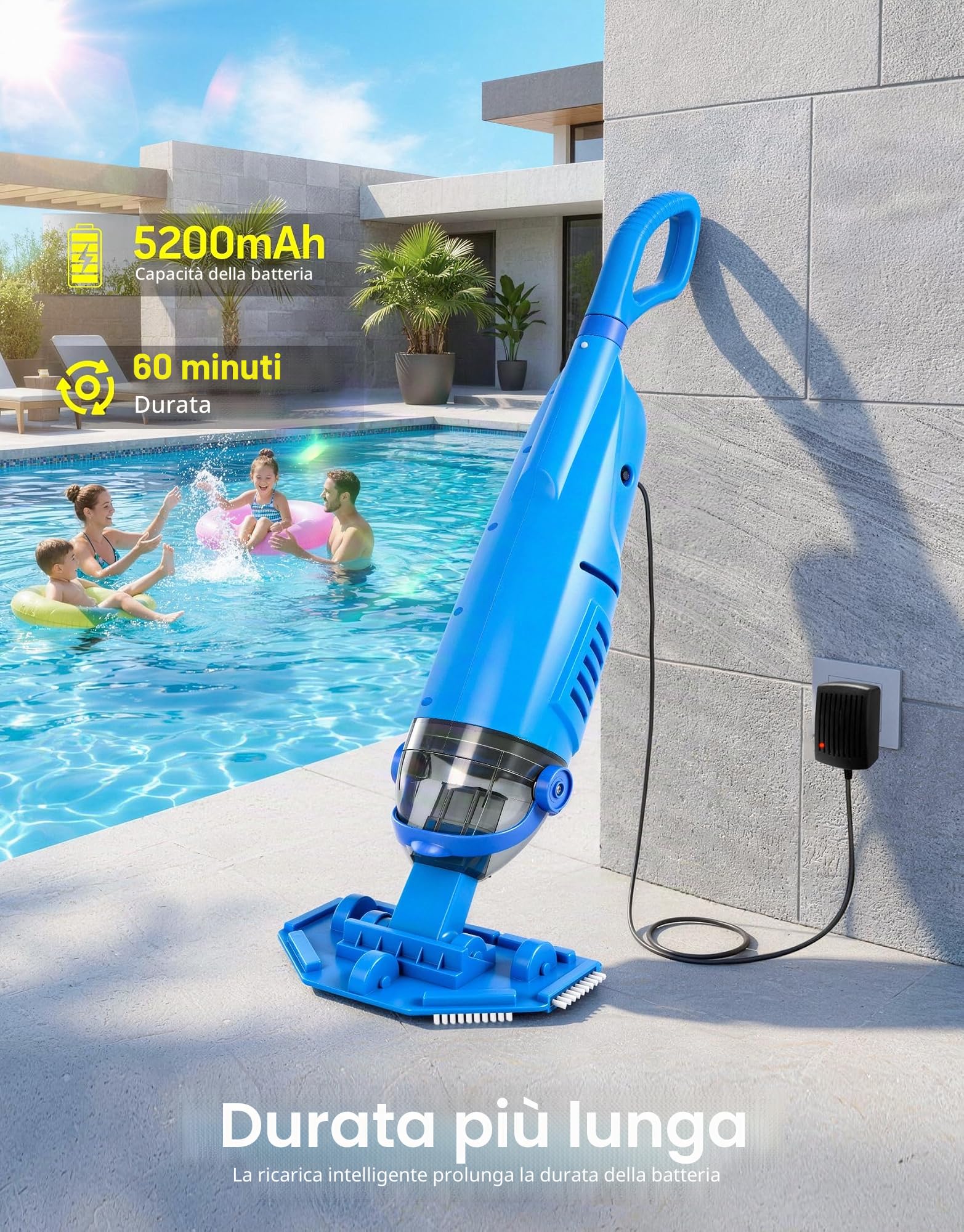 LanBlu Aspirapolvere Piscina a Batteria, 2.5m Aspiratore Piscina Fuori Terra con Palo Telescopico, 4200L/H Manuale Aspiratore Piscine Senza Fili con 4 Filtri,Design Anti-ritorno Pulitore Fondo Piscine