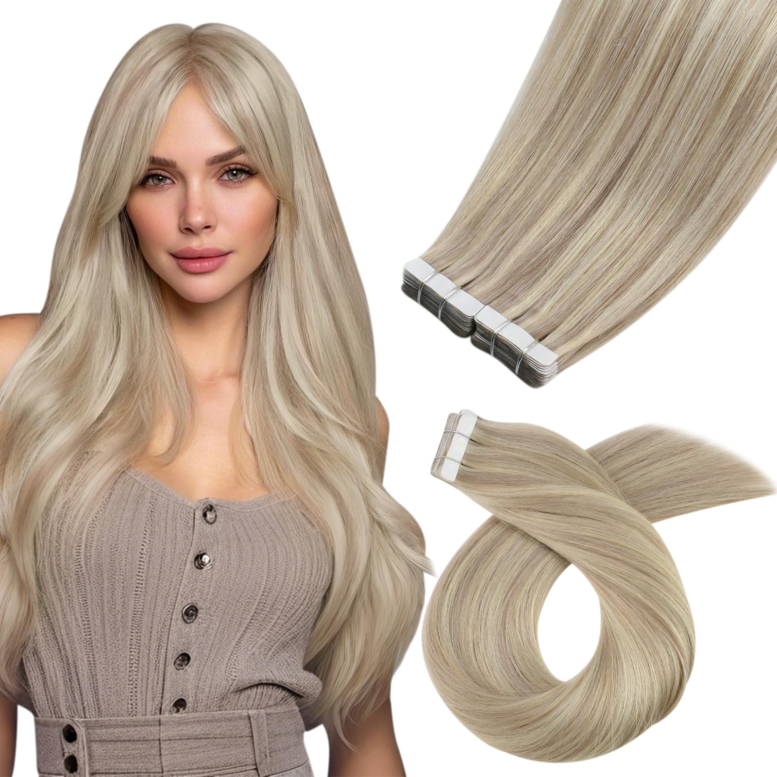 Moresoo Tape in Hair Extensions Human Hair 40Pcs Highlight Tape in Extensions for Women 60g Ash Blonde with Platinum Blonde Hair Extensions Real Human