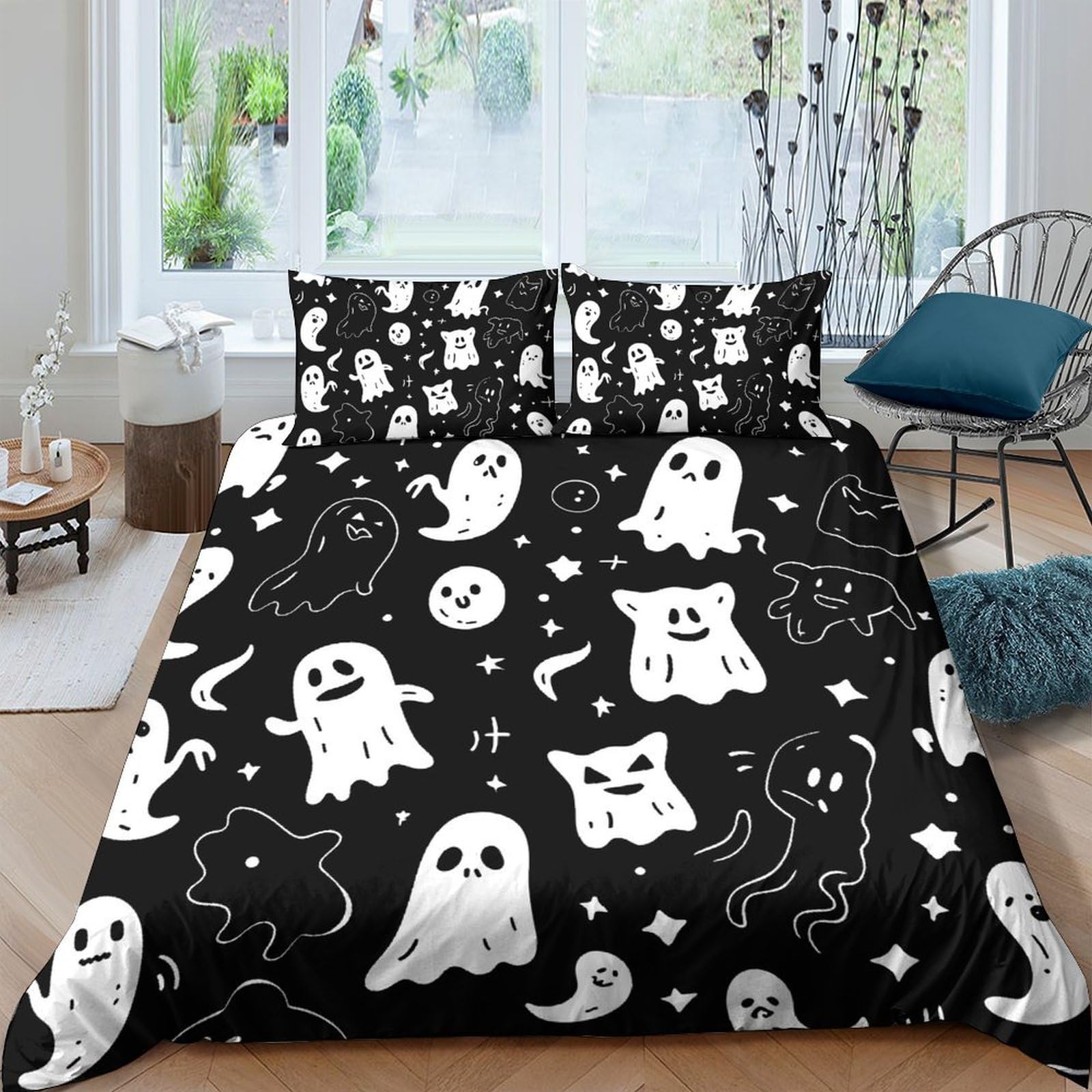 Ctjqhvkz Style-10 3D Printed Cute Ghost Fitted Sheet Microfiber Soft Black Cartoon Cat Bed Cover For Bedroom Guestroom Mattress Decor Single（135X200cm）
