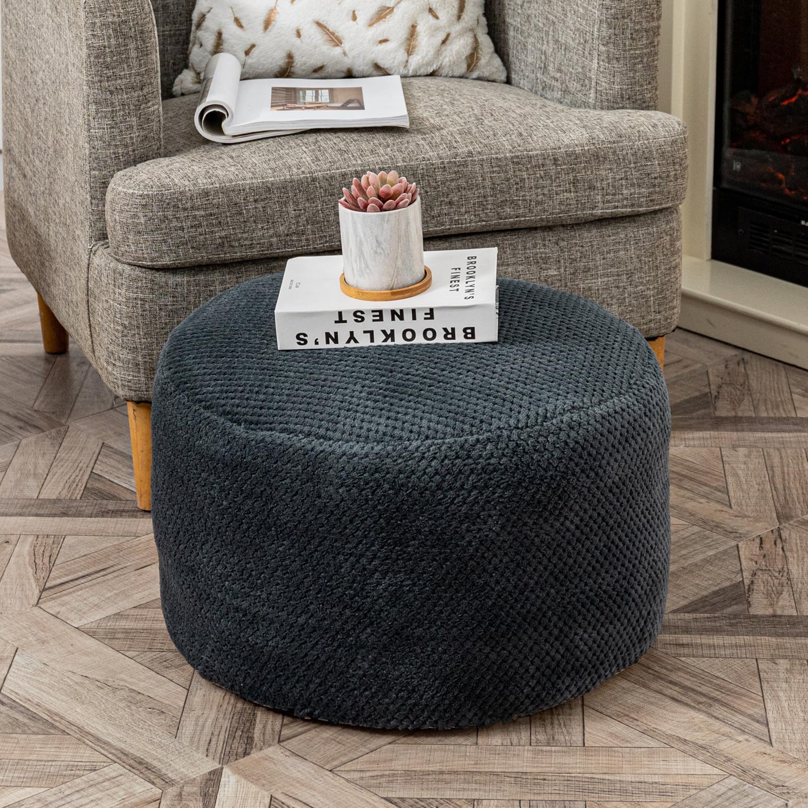 Asuprui Pouf Ottoman Unstuffed Ottoman Foot Rest No Filler Soft Foot Stool 20x20x12 Inches Fuzzy Chair Floor Pouf Chair with Storage for Living Room Bedroom Dark Gray