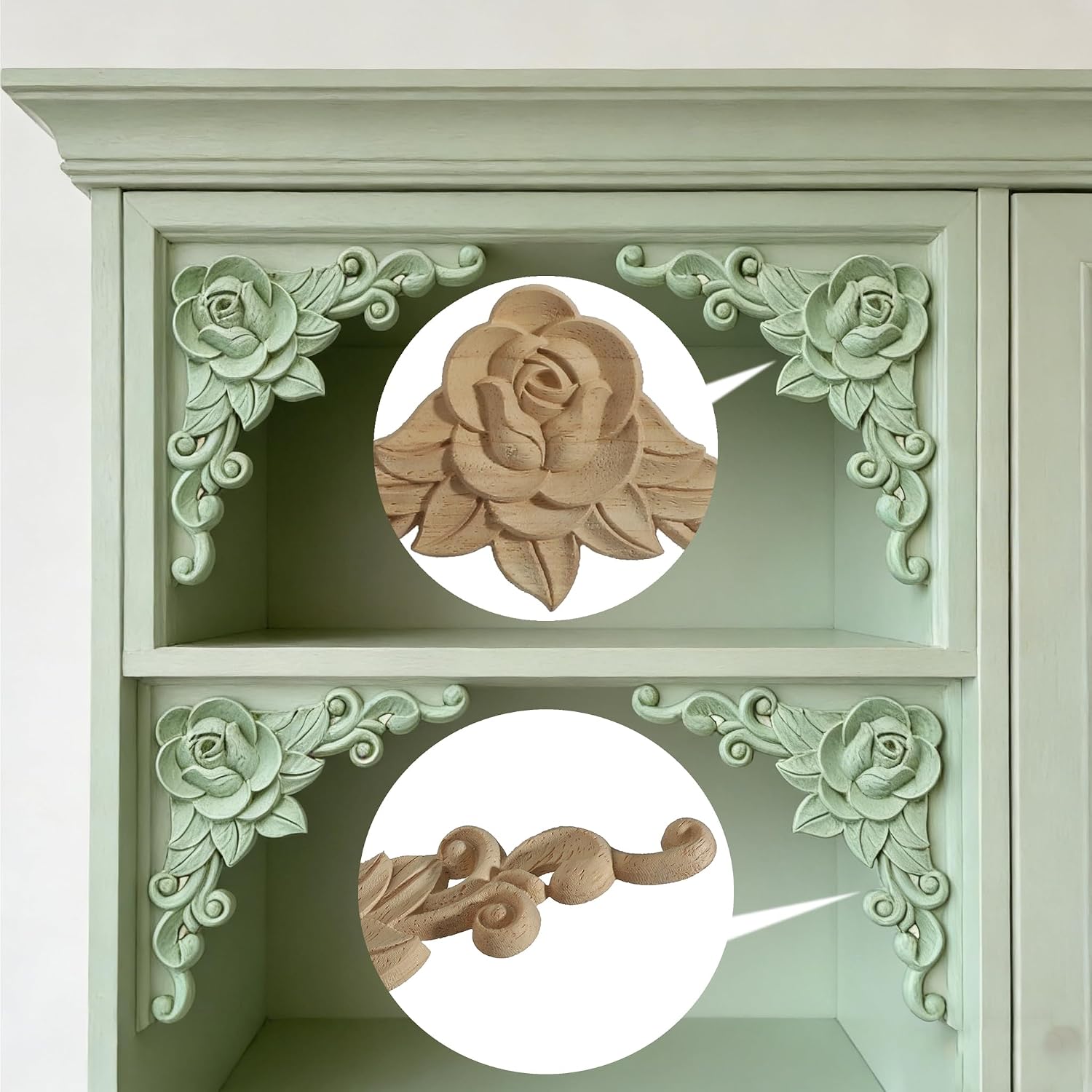 Wood Rose Appliques Onlays Set, 6-Piece Set with Unpainted Decorative Wood Decal Carving, Used for Upgrading Decoration Technology DIY Projects Such as Bed Doors and Headboards (35CM ROSE2)