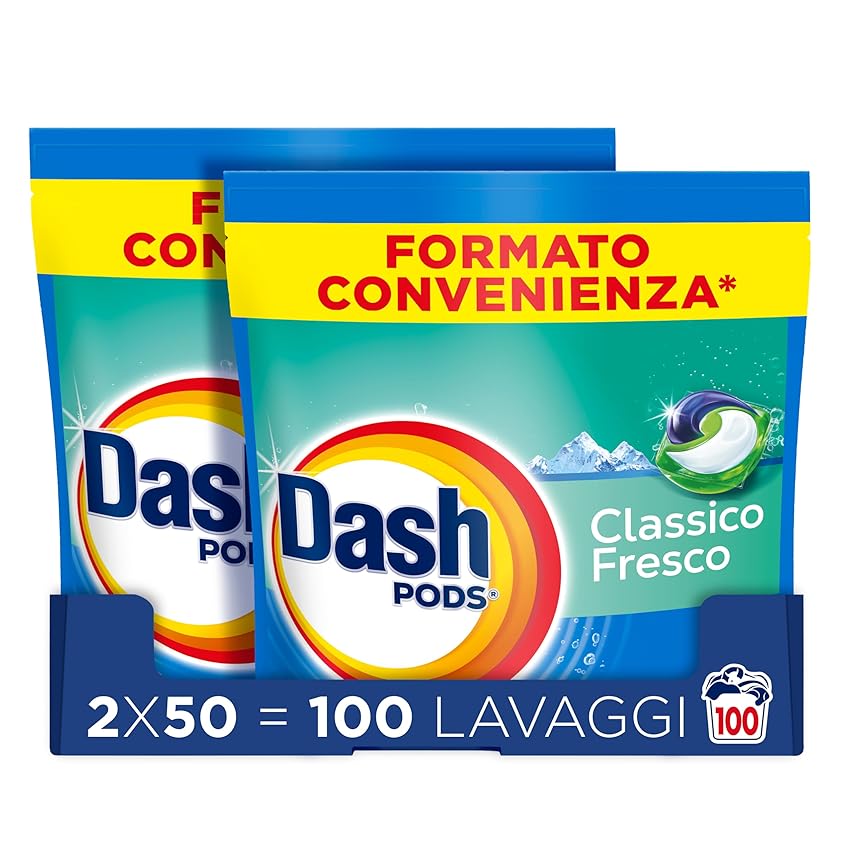 Dash Pods Detersivo Lavatrice In Capsule, 100 Lavaggi (2x50), Classico Fresco, Rimuove Le Macchie, Efficace A Freddo Anche E In Cicli Brevi