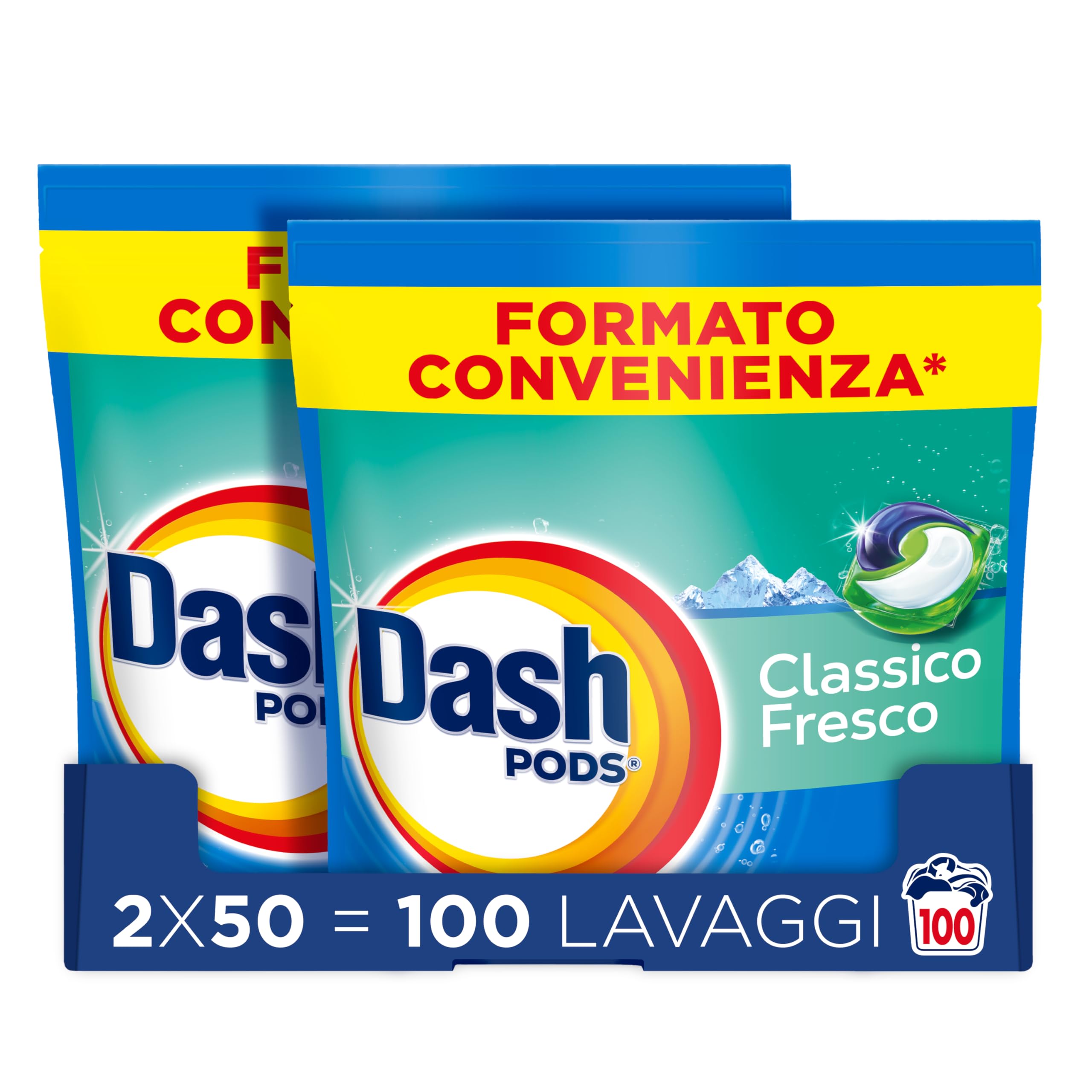 Dash Pods Detersivo Lavatrice In Capsule, 100 Lavaggi (2x50), Classico Fresco, Rimuove Le Macchie, Efficace A Freddo Anche E In Cicli Brevi