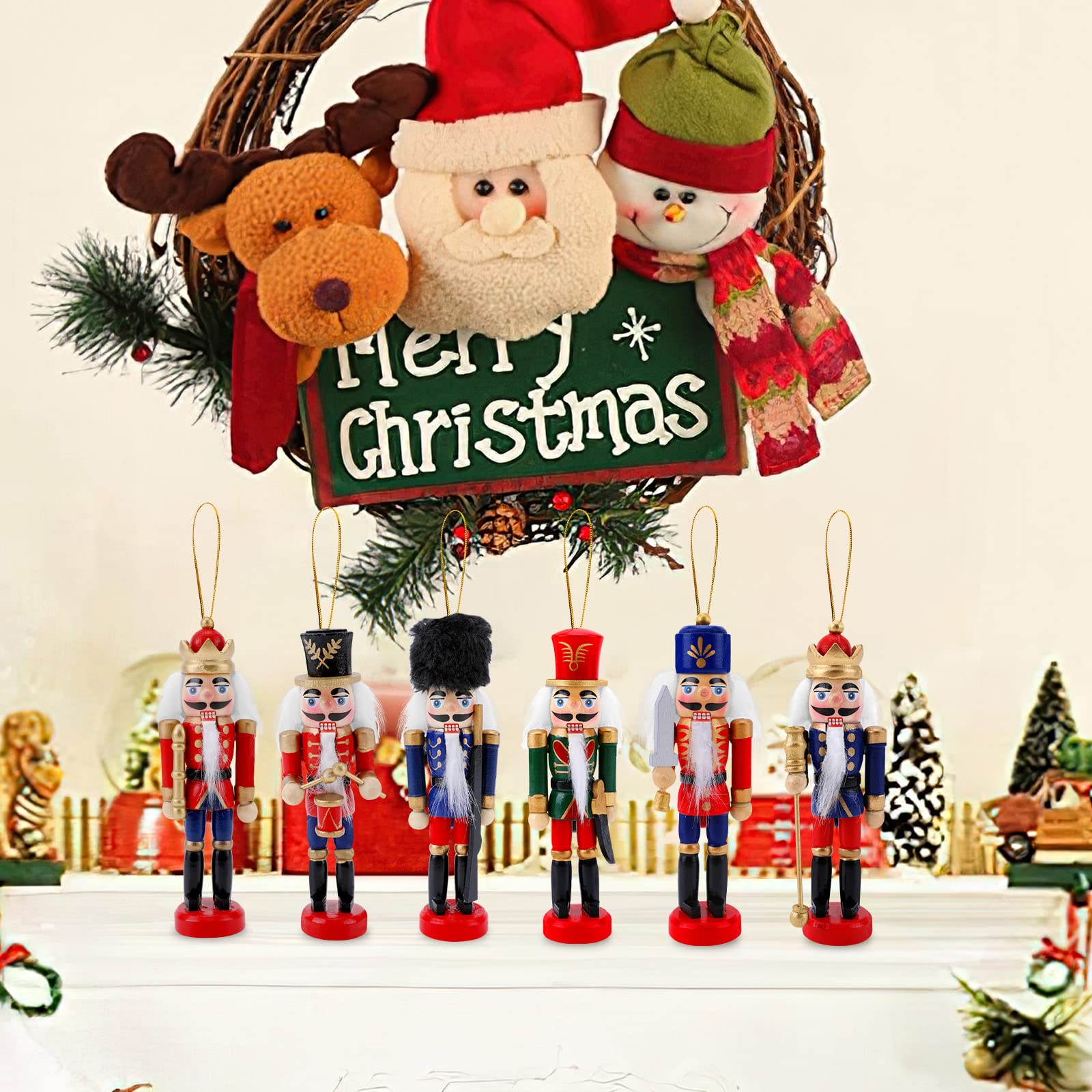 TSLBW 4 Ornamenti Schiaccianoci Di Natale In Legno - Soldatini Colorati A Mano Con Cordino, Decorazioni Per Albero O Tavolo, Bianco/Rosso - 2
