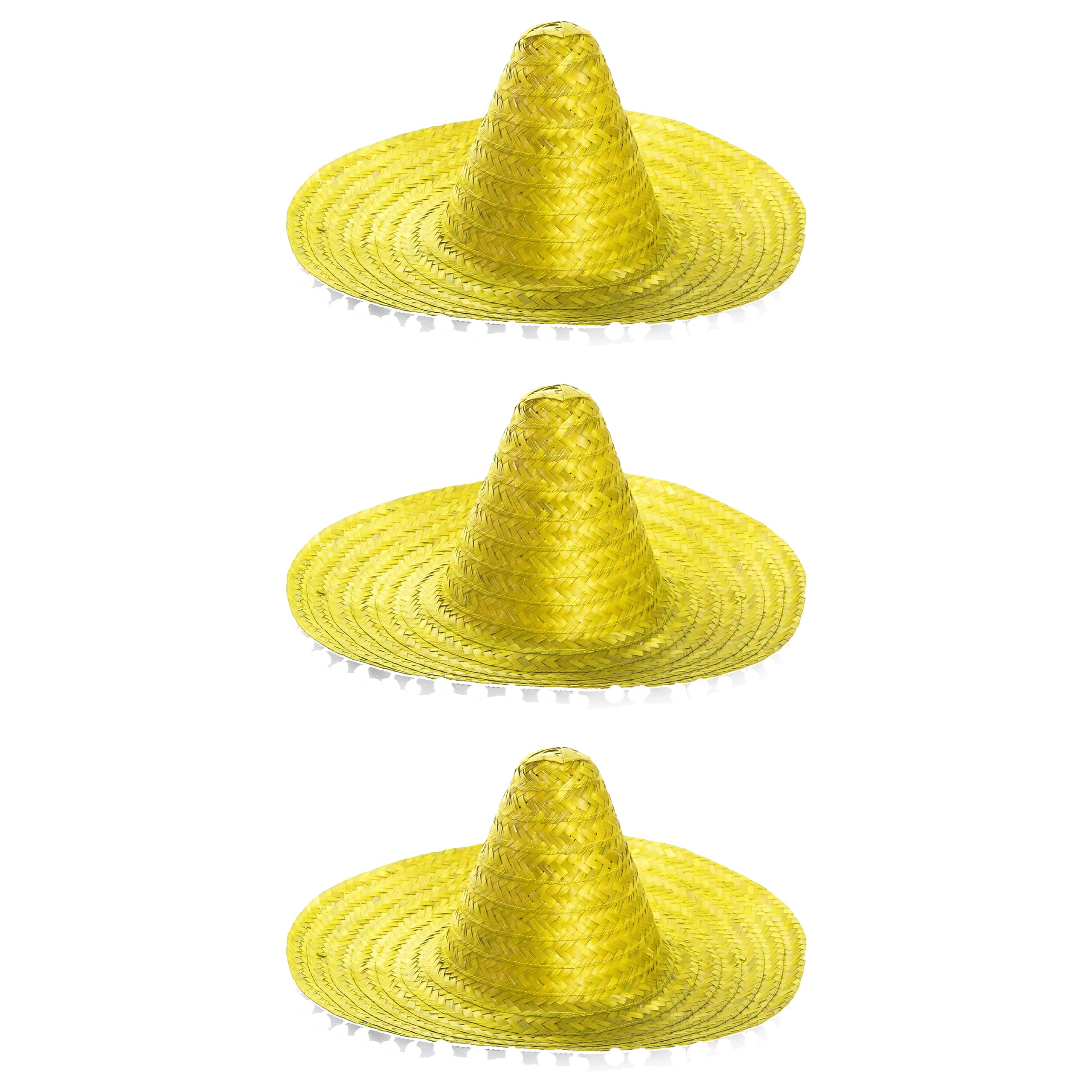 Adults Mexican Sombreros - Pack of 3 Yellow Straw Sombreros with Pom Pom Edges - Mexico Cinco de Mayo Fancy Dress Accessory