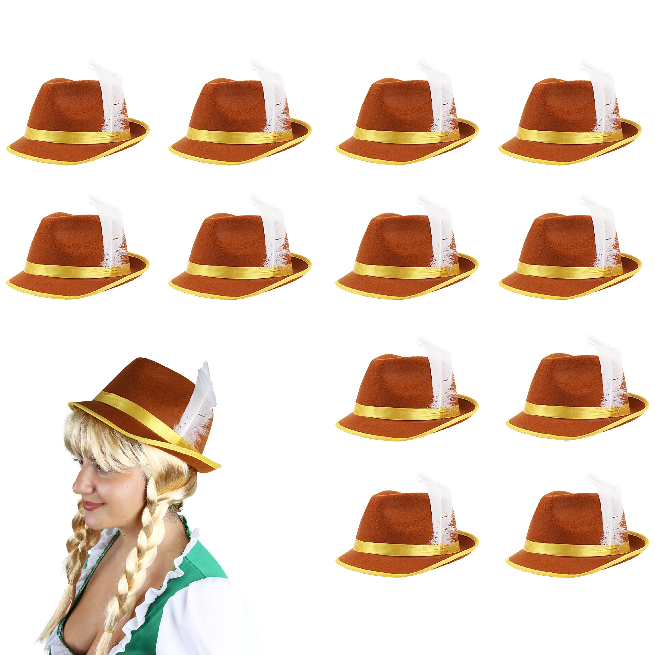 I LOVE FANCY DRESS Oktoberfest Bavarian Hats - Pack of 48 - Brown & Yellow Bavarian Hat with Feather Detail - Adults German Oktoberfest Tyrolean Hat
