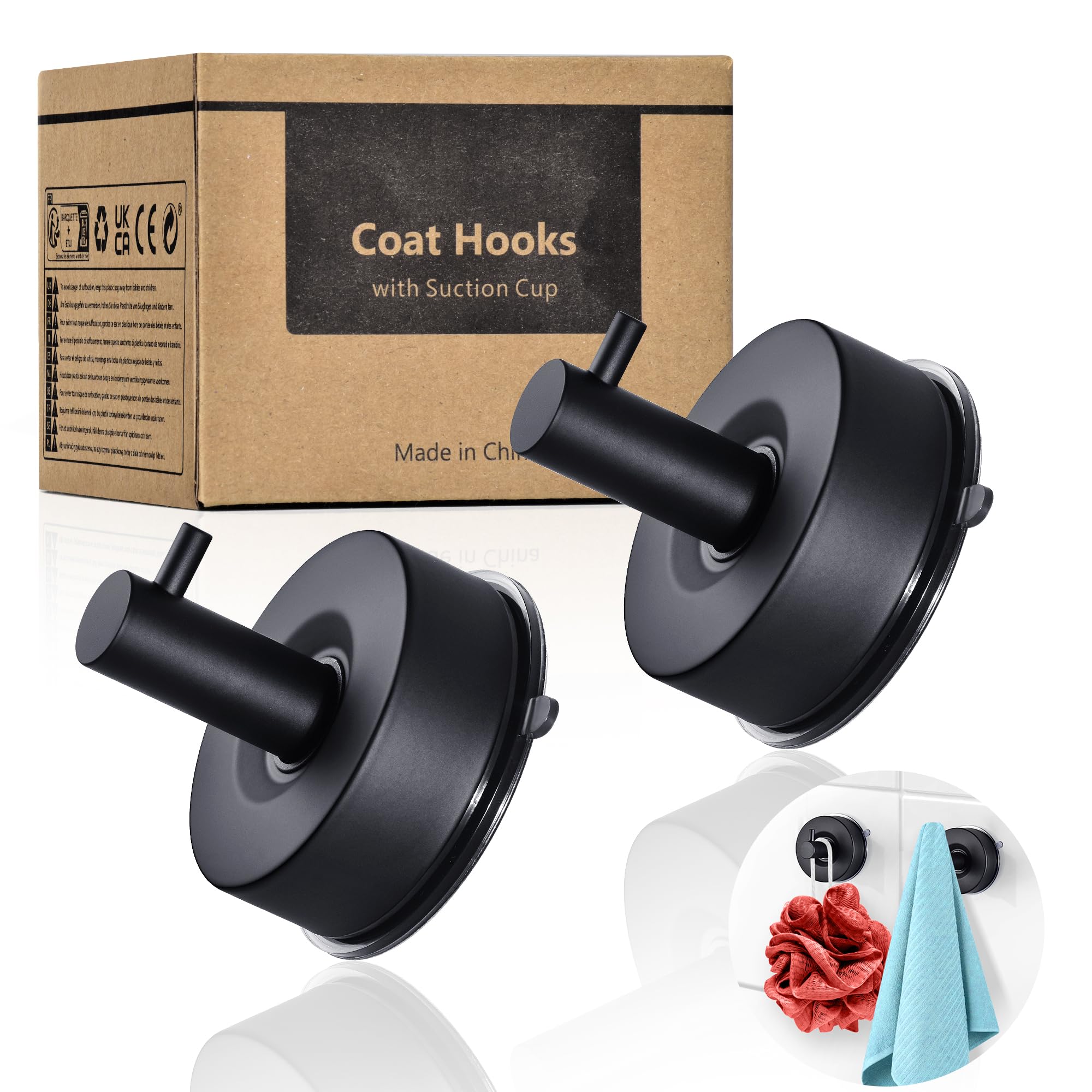 YOHOM Suction Cup Hooks, Heavy Duty 5kg Stainless Steel Shower Hooks, Bathroom Towel Hooks & Robe Hooks with Strong Suction for Glass, Window, Door - Waterproof Coat Hangers，2 pcs, Matte Black