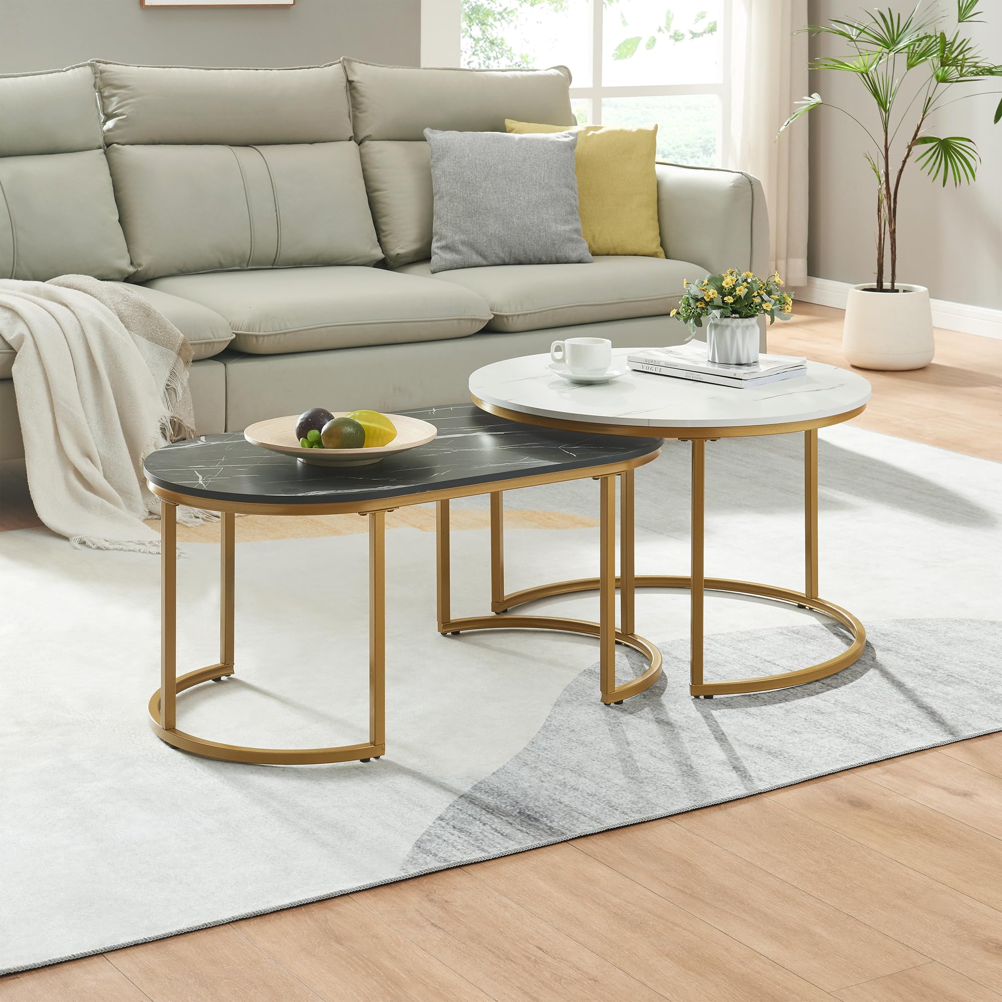 [en.casa] Set de 2 Tables Basses Gigognes de Tailles Différentes Tables d'Appoint Empilables Bout de Canapé Robuste Design Intemporel pour Salon Séjour Bureau Acier MDF Aspect Marbre Blanc Noir Or