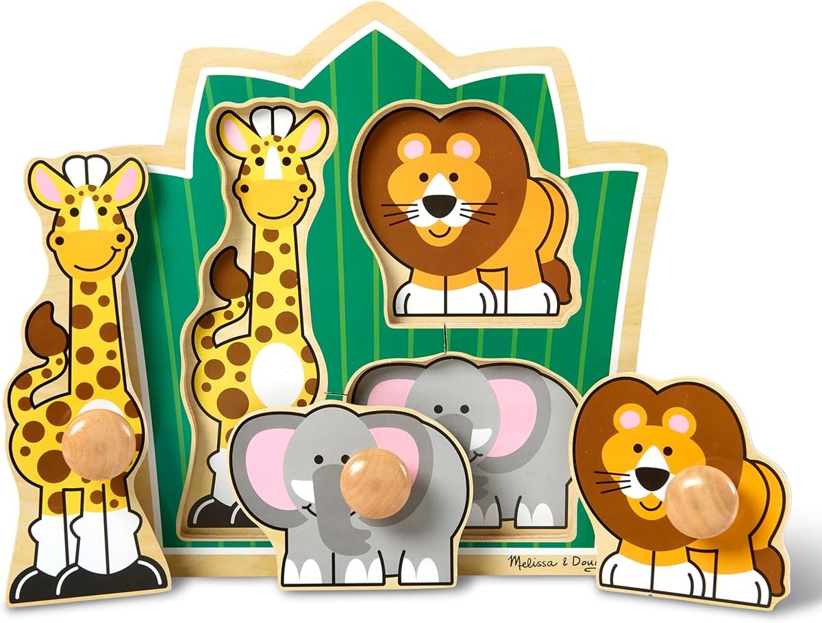 Melissa & Doug Jungle Friends Safari Animals Puzzle Jumbo Knob, rompecabezas de madera para niños pequeños, juguete educativo para reconocimiento de formas y habilidades motoras finas, a partir de 1 año