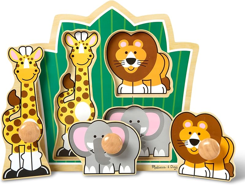 Melissa & Doug Jungle Friends Safari Animals Puzzle Jumbo Knob, rompecabezas de madera para niños pequeños, juguete educativo para reconocimiento de formas y habilidades motoras finas, a partir de 1 año