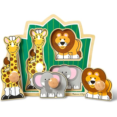 Melissa & Doug Jungle Friends Safari Animals Jumbo Knob Puzzle, Wooden Peg Puzzle for Toddlers, Educational Toy for Shape Recognition and Fine Motor Skills, Ages 1+