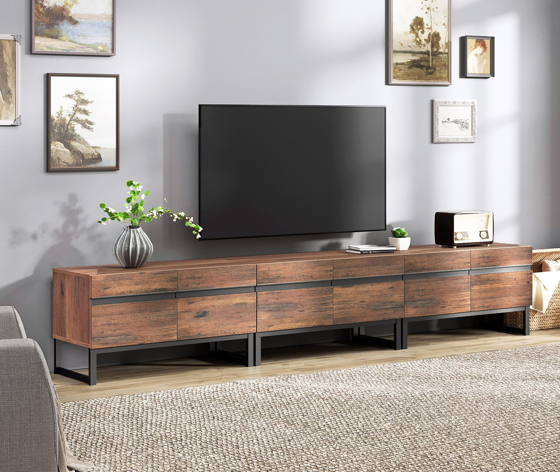 Wampat 3 in 1 Modern TV Stand for Up to 110 inch TVs, Wood Entertainment Center with Storage Cabinets and Metal Base, Living Room Media Console, Brown
