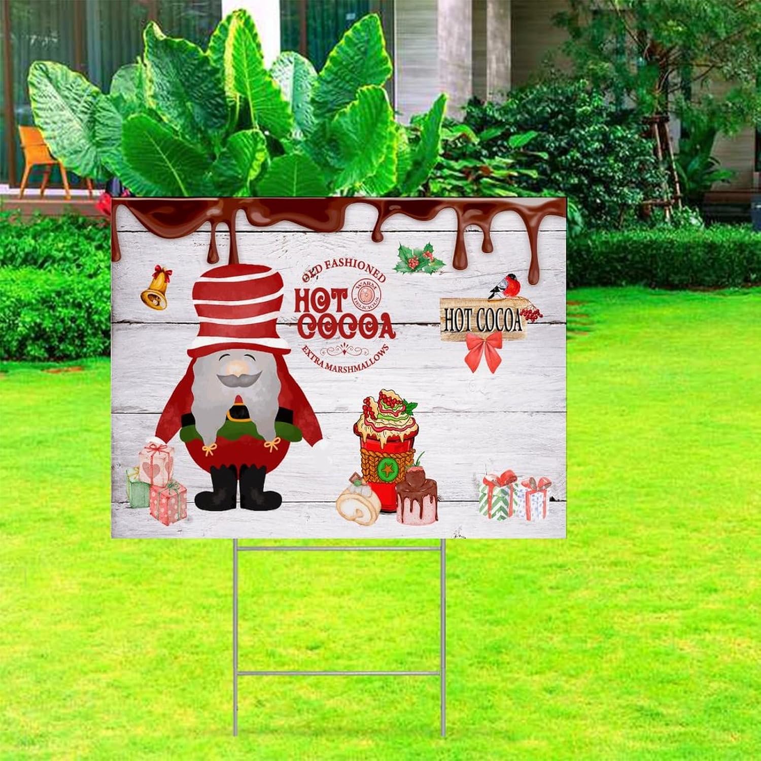 Farmhouse Christmas Party Decorative Yard Sign 18x24in Christmas Hot Cocoa Gnome Waterproof Corrugated Plastic Yard Sign with H-Stakes Decorations for Lawn Garden Yard Home Outdoor