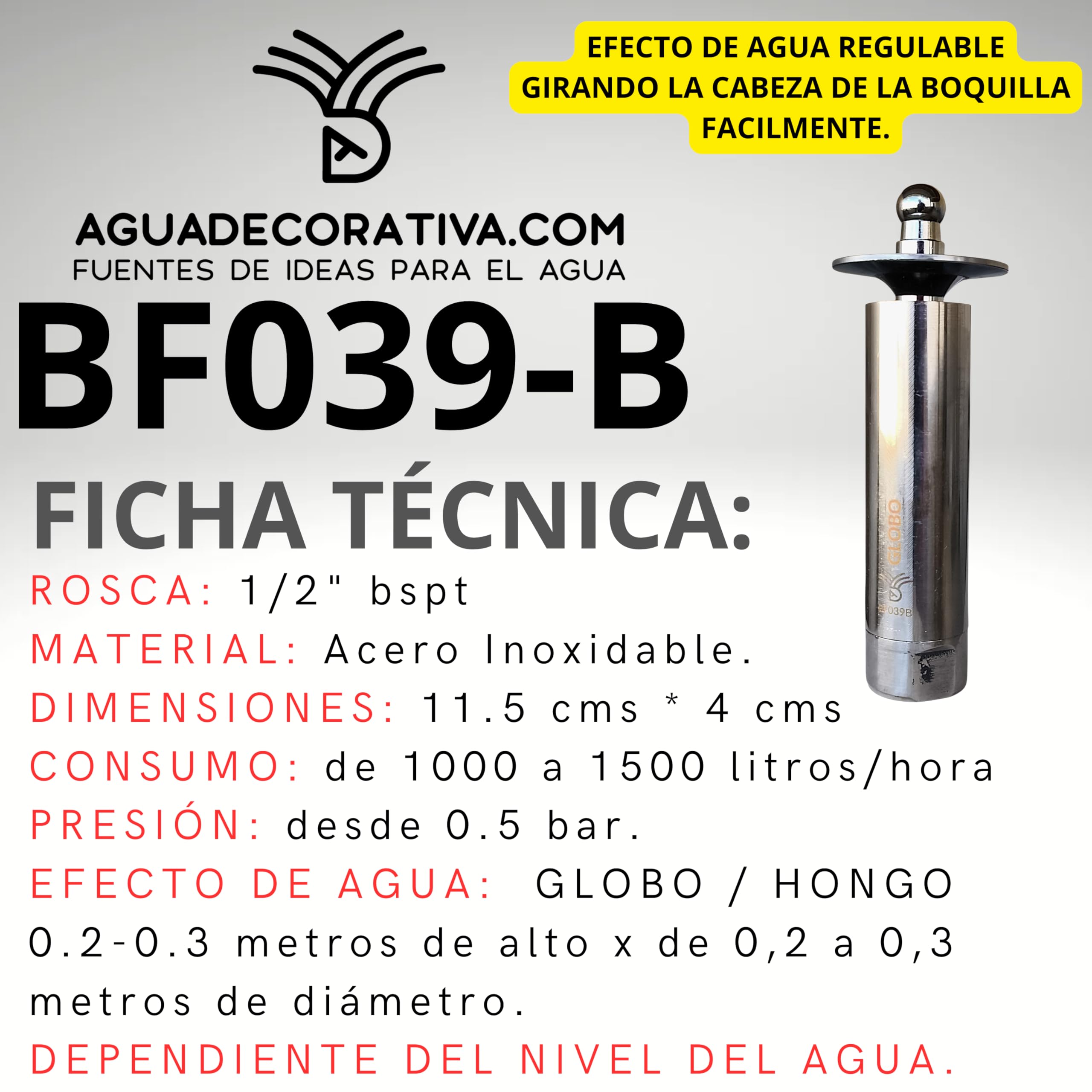 Ugelli per fontane da giardino – Palloncino da 1/2" in acciaio – Ugelli e beccucci per laghetti regolabili (BF039-B)