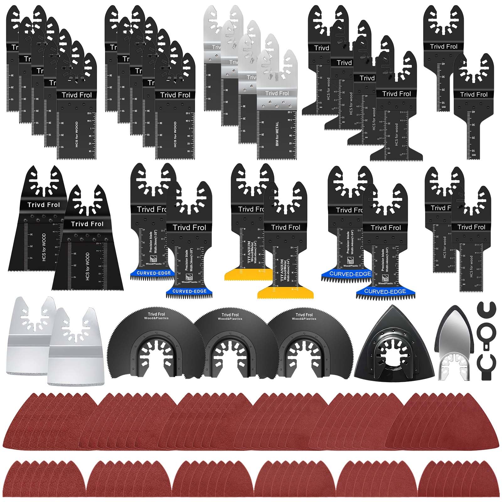 Trivd Frol 121 Pack Oscillating Saw Blades, Titanium Oscillating Tool Blades with Sandpaper, Multitool Blades for Wood Metal Plastics Cutting, Multi Tool Blades Kits Fit Bosch Dewalt Ryobi Milwaukee