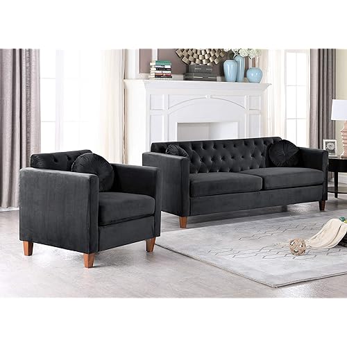Container Furniture Direct Persaud Living Room Couch Set with Classic Chesterfield Velvet Upholstery, Ideal for Home, Apartment and Office, Chair & Sofa, Midnight Black