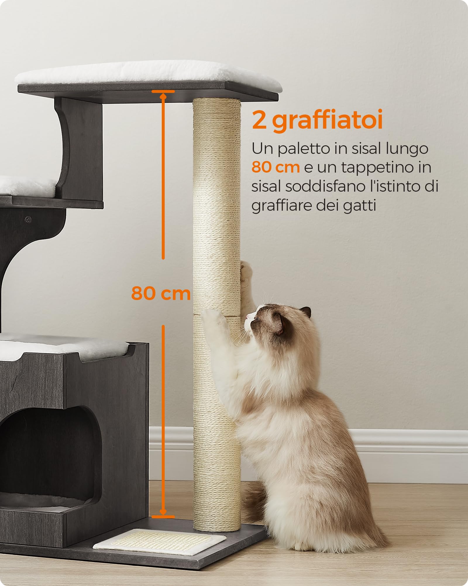 Feandrea Tiragraffi, Albero per Gatti di Truciolato Alto 86 cm, con Grotta, Posatoi, Colonna e Tappeto Graffiatoio in Sisal, Lavabili Tappeti in Pelliccia Sintetica, Grigio Nebbia PCT070G02