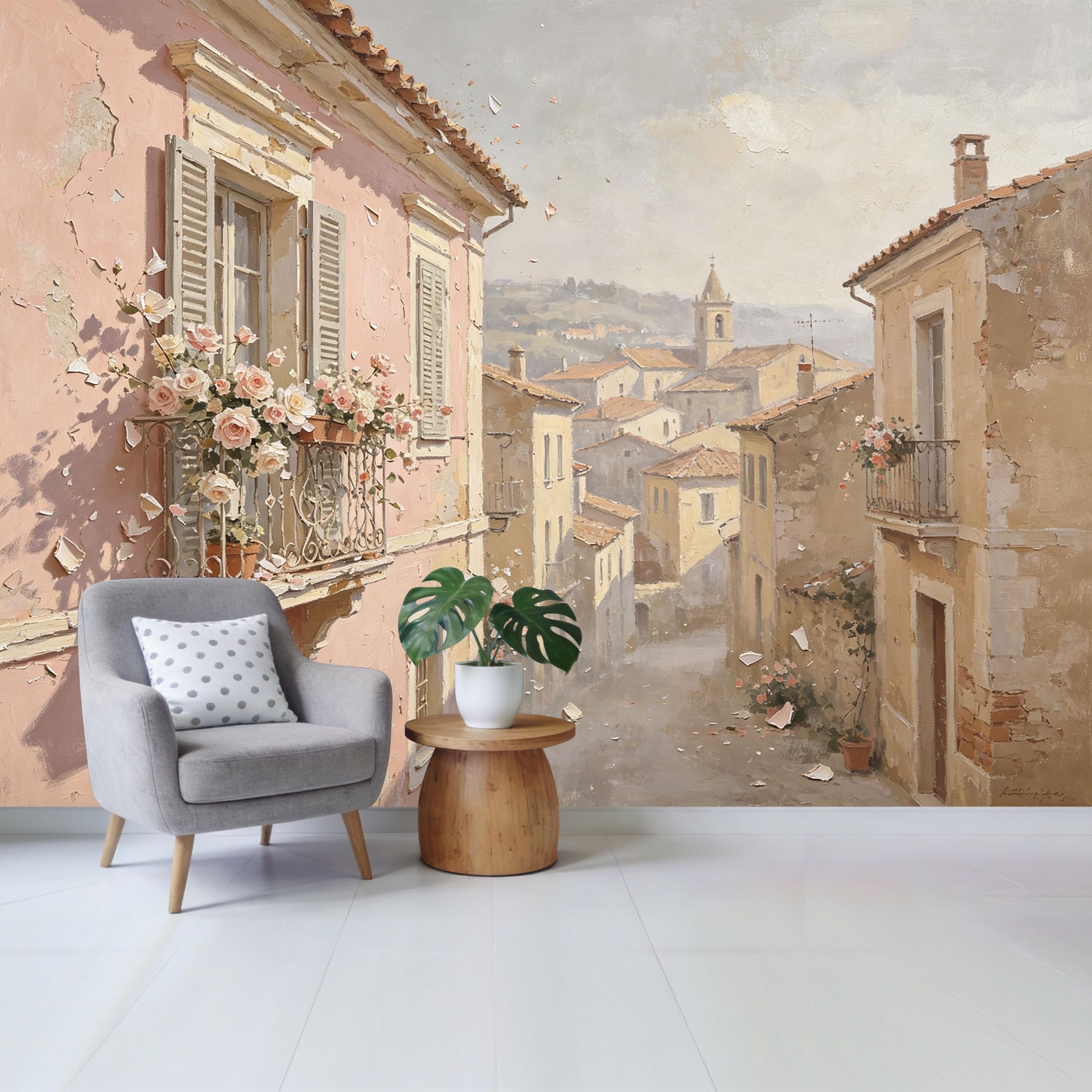 Custom Size Wall Mural Mediterranean Town Landscape Oil Painting Floral Balcony View Street Scenery SelfAdhesive Wall Fabric Removable Wallpaper for Home Office Decor