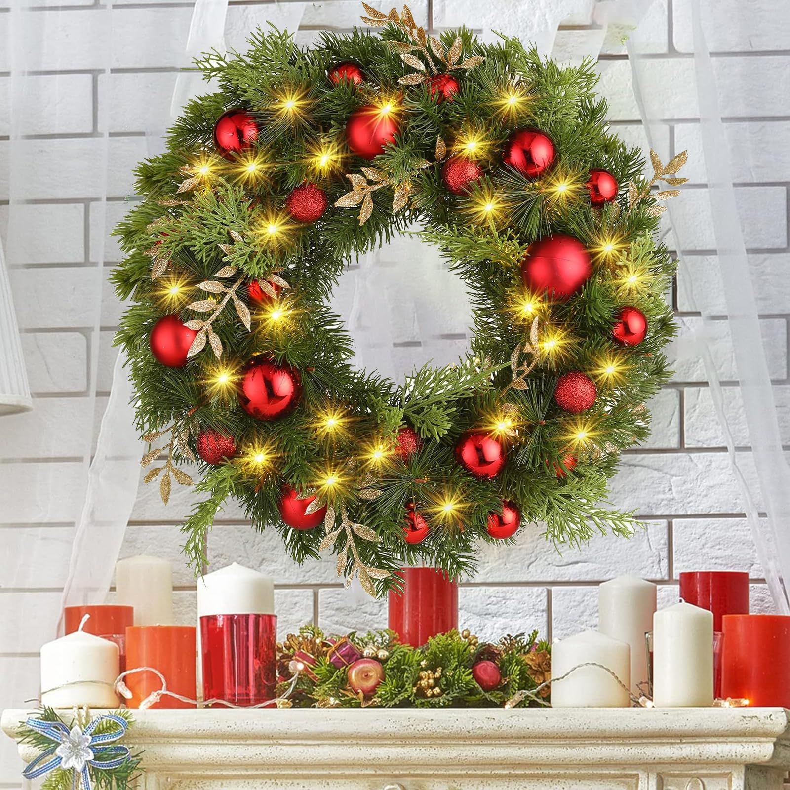 Couronne de Noël Lumineuse,Guirlande de Noël,Guirlande Sapin,Porte Exterieur ,Sapin Artificiel Couronne Porte D'Entrée,pour Cadre de Cheminée Murale