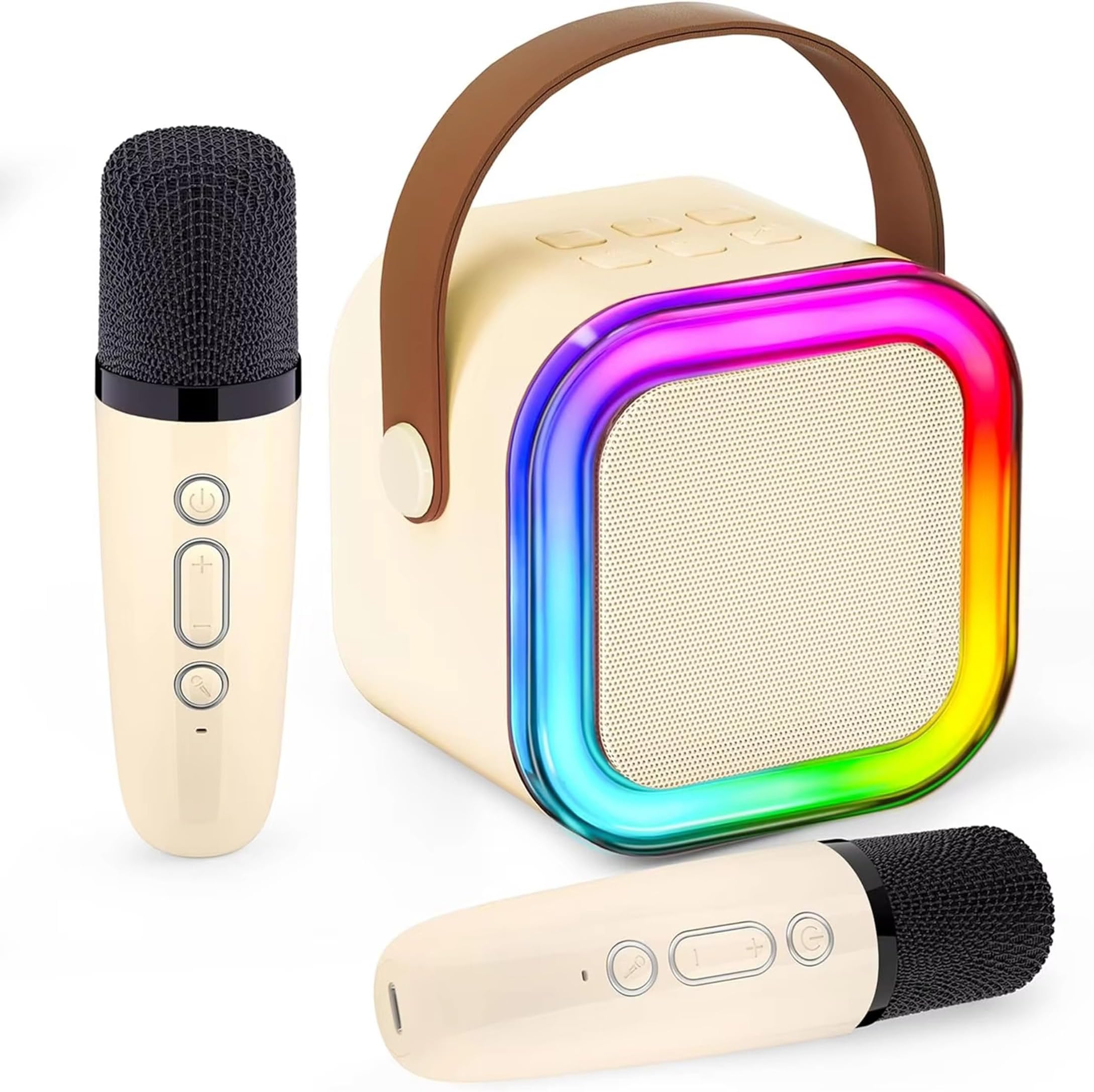 Karaoke Mini Portable Bluetooth Speaker with 2 Bluetooth Wireless Microphones, Colorful Lights, Ideal Birthday, Party use (Beige, Dual Mic)