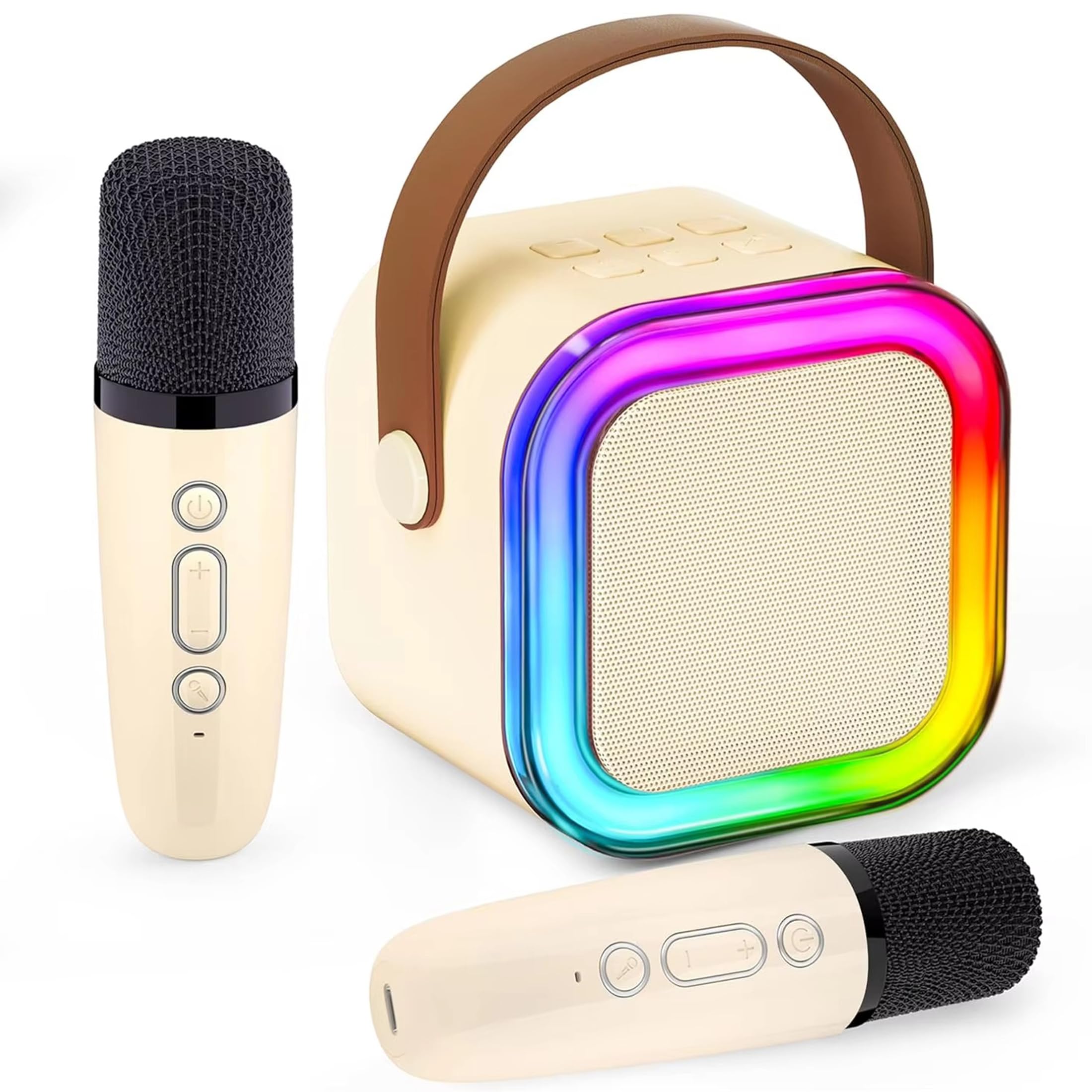ECO SHINE Karaoke Mini Portable Bluetooth Speaker with 2 Bluetooth Wireless Microphones, Colorful Lights, Ideal Birthday, Party use (Beige, Dual Mic)