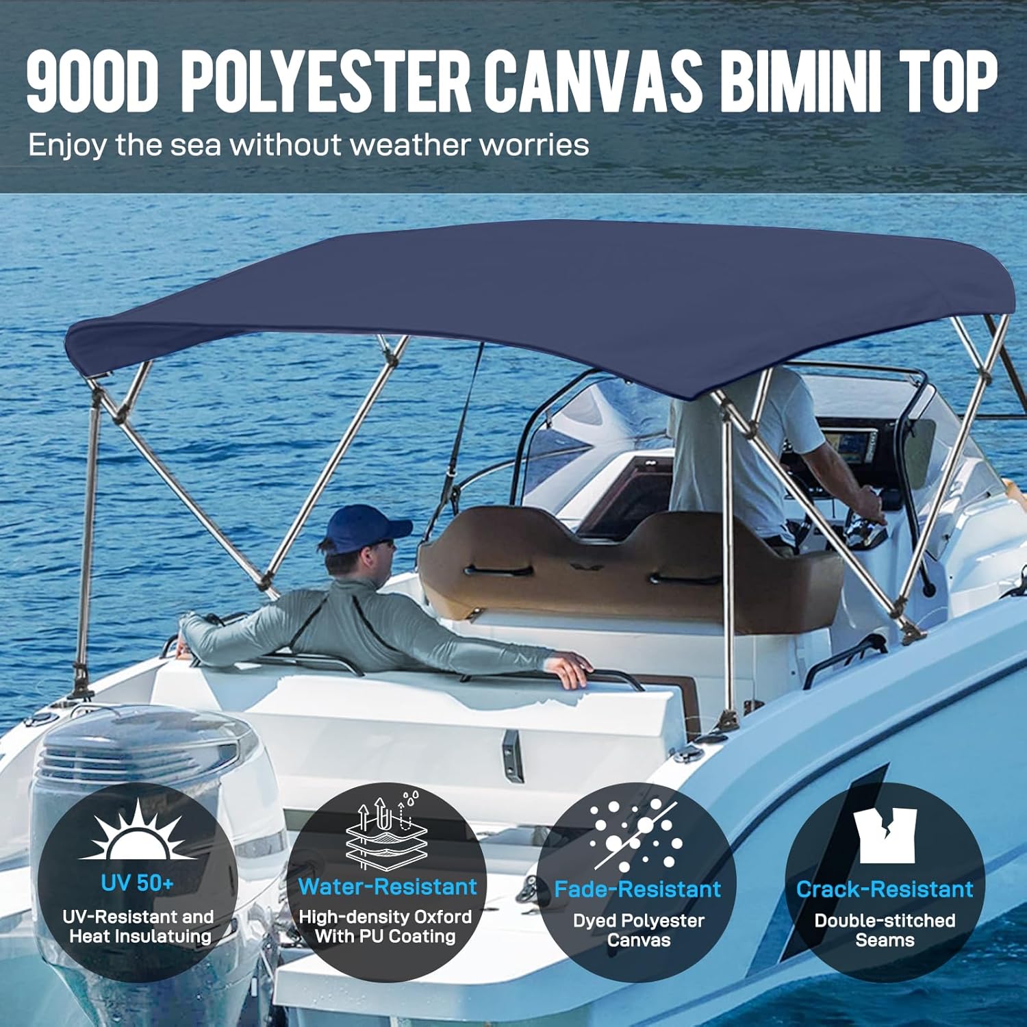 4 Bow Bimini Top Replacement Canvas with Light Hole and Storage Boot, 900D Heavy Duty Waterproof Bimini Top Canvas Only Without Frame, 8'L 97"-103" W Navy Blue