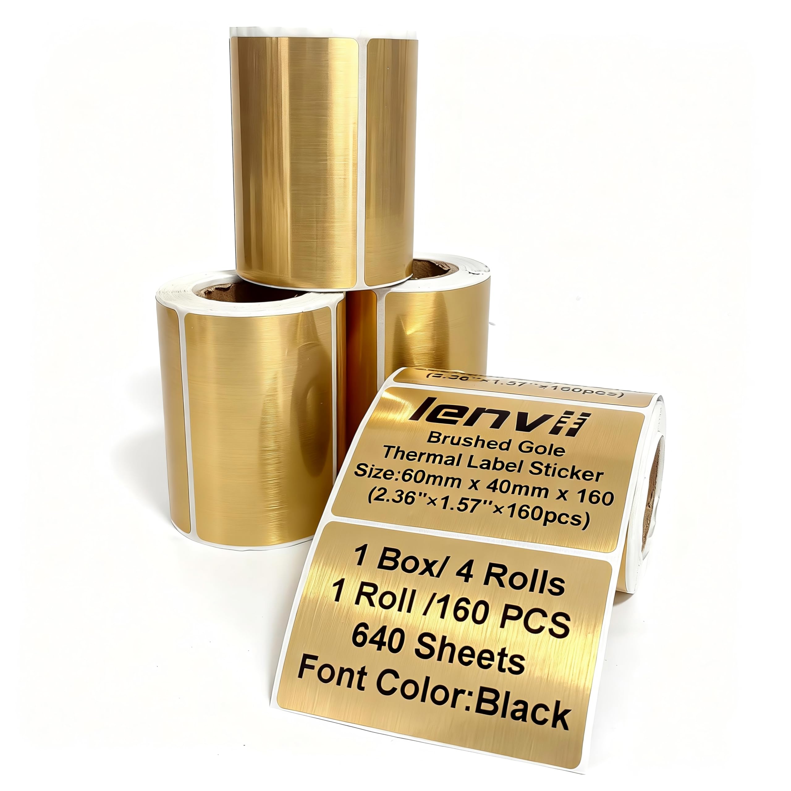 LENVII 60x40mm Etichette Termiche Dorato, 640 Fogli, per Stampanti Termiche | Etichette Adesive Termiche Oro spazzolato,4 Rotoli × 160, Stampa Nitida,Adesivi Resistenti a Strappi/acqua/Olio/Graffi,Calore