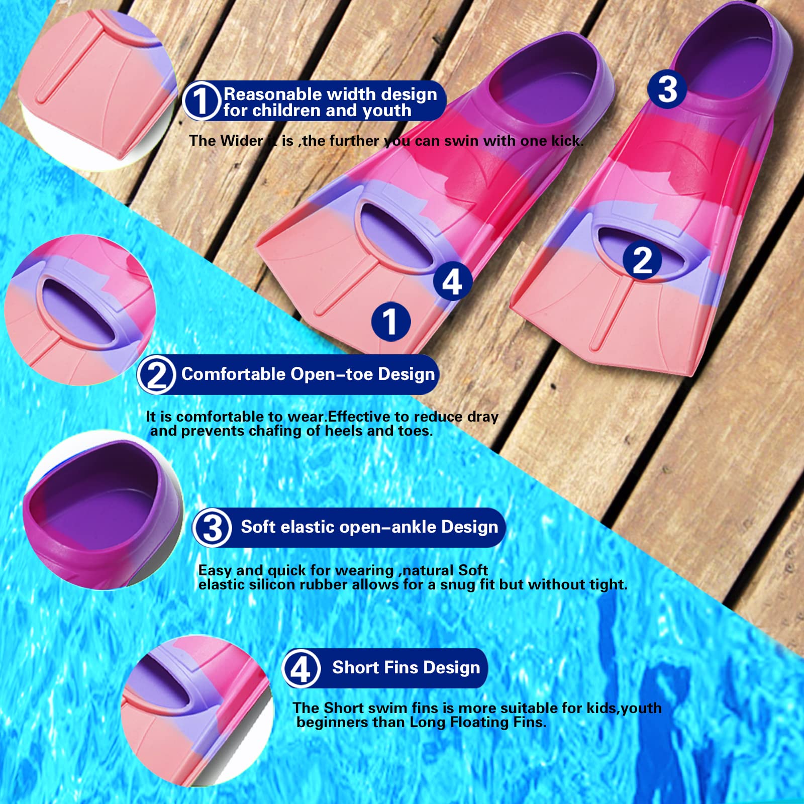 Schwimmflossen Kinder, 100% Silikon Kurzflossen, Taucherflossen Regenbogen Flossen für Kinder Erwachsene Männer Frauen Schwimmen Tauchen