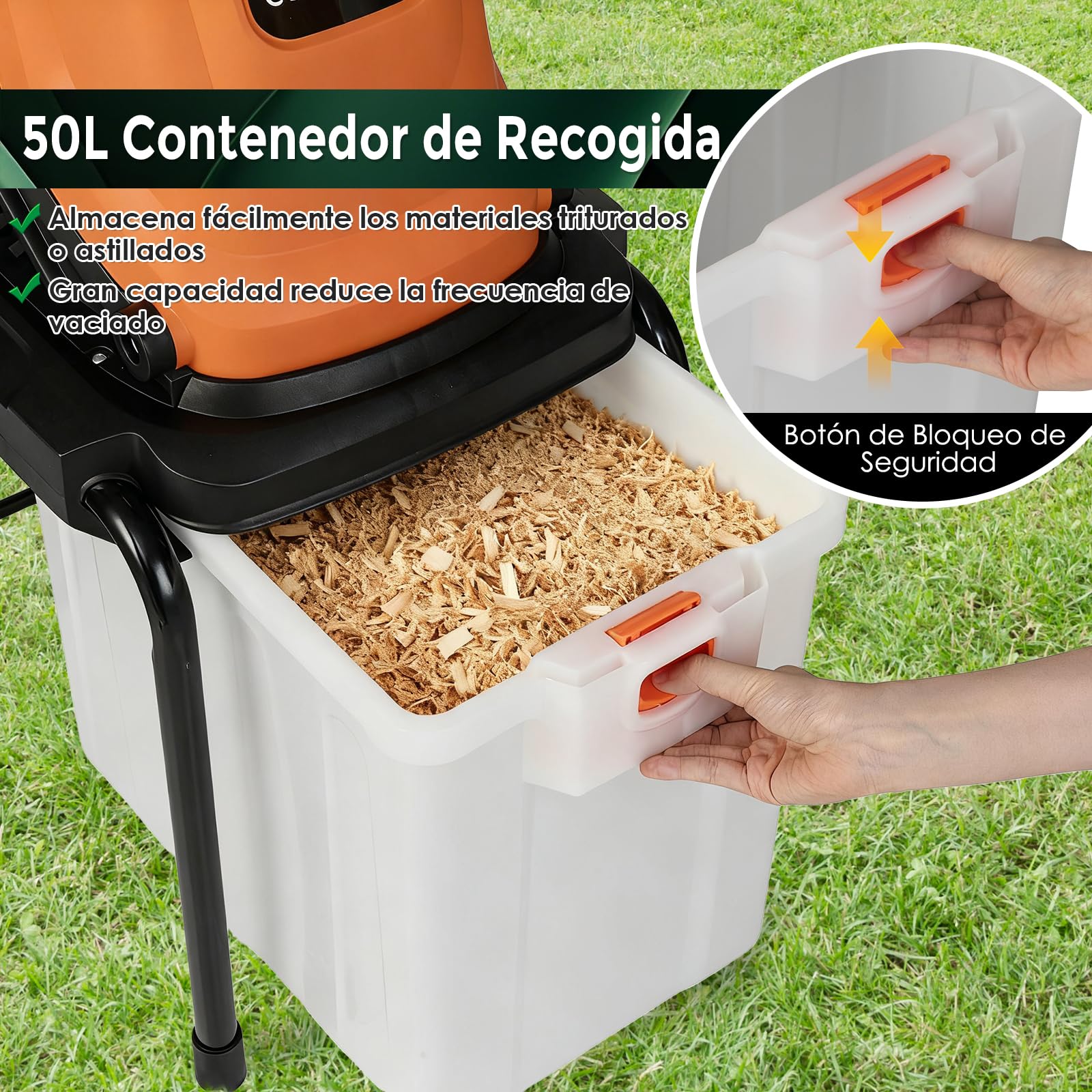 COSTWAY Trituradora de Ramas 2800W, Caja 50L, Hasta 45mm, Biotrituradora con Ruedas, Biotrituradora Electrica Jardin (naranje)
