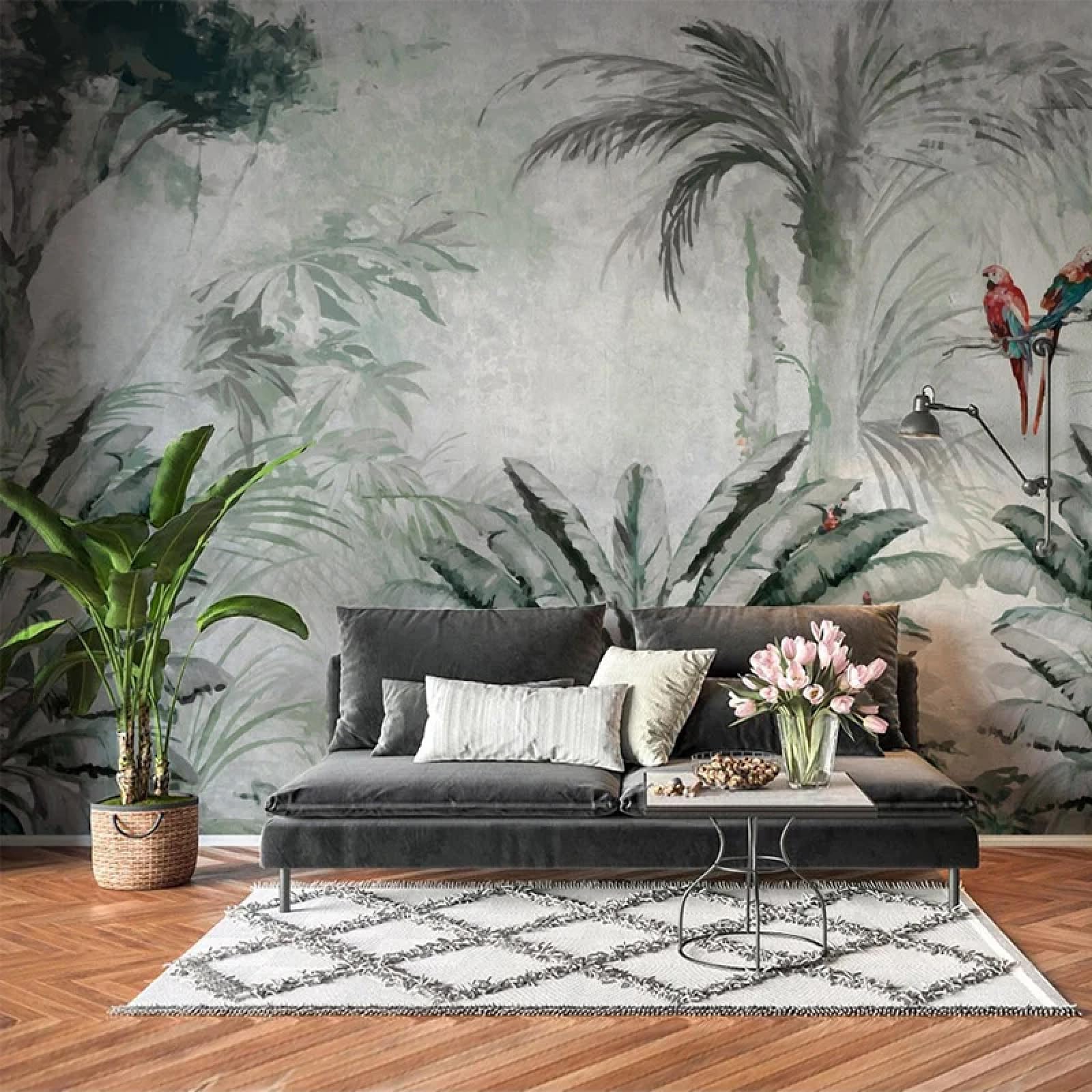KoKoty Silk 3D Wallpaper Hand Drawn Tropical Plant leaves-300 x 250 cm-Wall Mural Photo Wallpaper Kids Bedroom Decoration