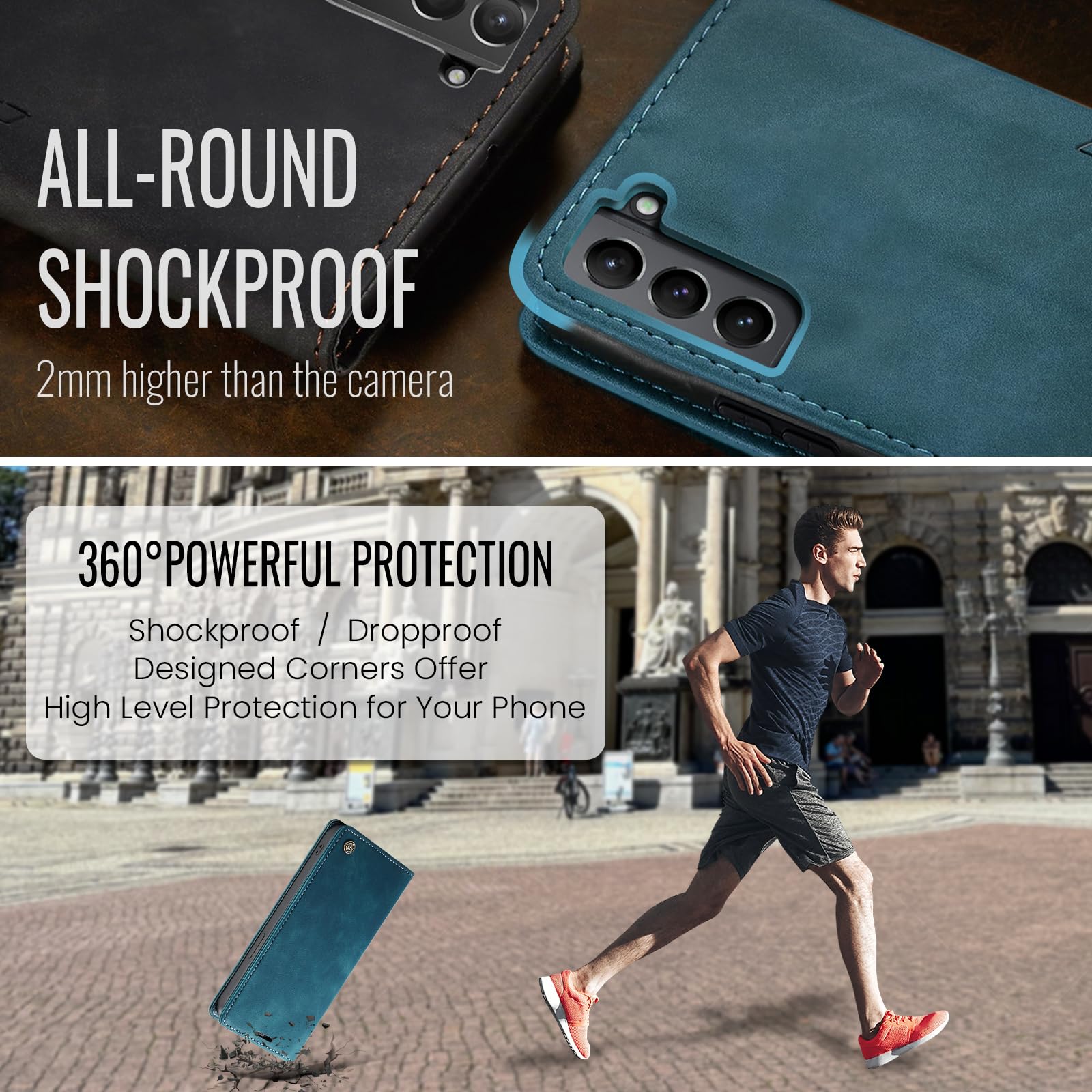 Azororo Cover per Samsung Galaxy S21 5G, Premium PU Pelle Custodia, Magnetica Carta Fessura Portafoglio Case, Flip Cavalletto Custodia per Samsung Galaxy S21 - Blu verde