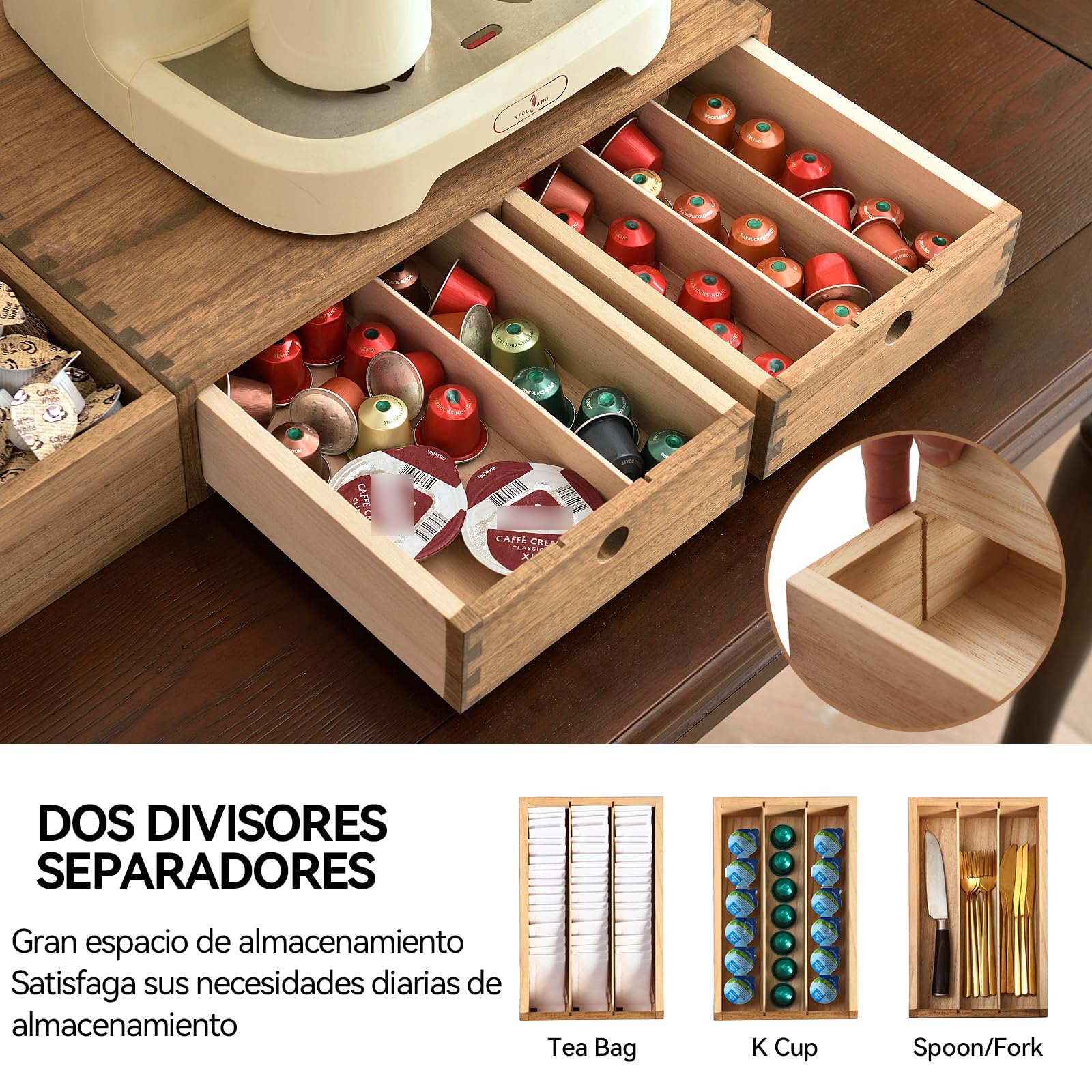 KIRIGEN Organizador de Café, Estación de Café, Caja para Cápsulas, Marrón | 2 cajones y 4 compartimentos; paulownia maciza; montado; uniones de espiga y mortaja; aceite vegetal; 41 × 31 × 17 cm