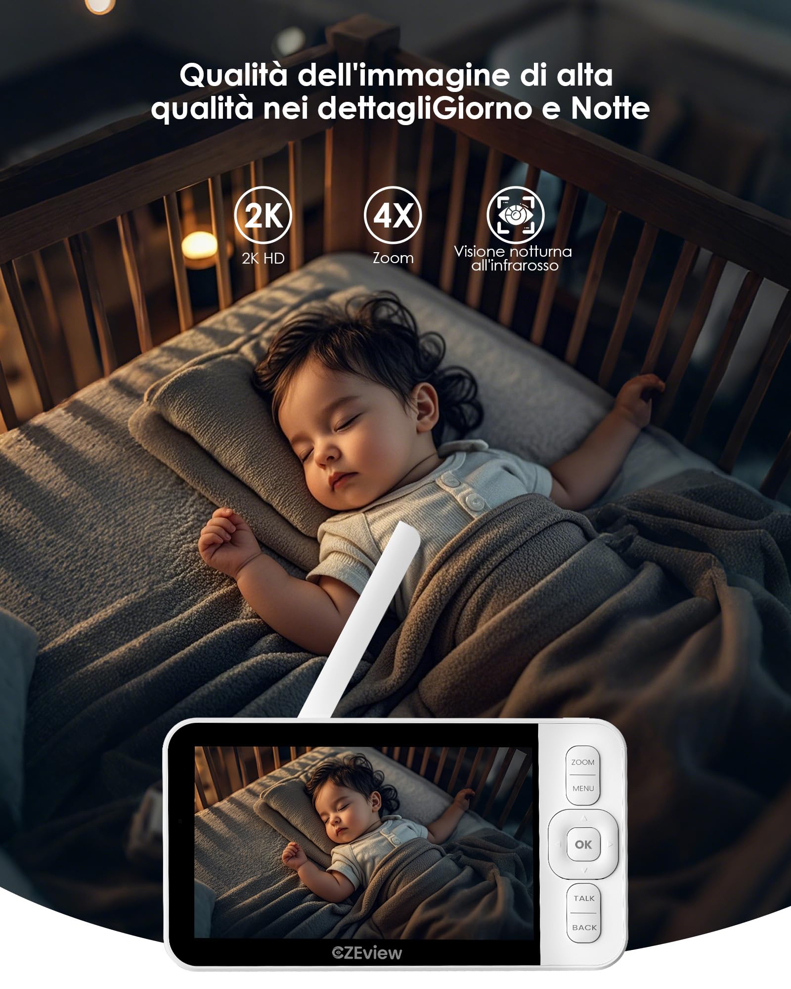 CZEview 2K/5,0" LCD Baby Monitor Video e Audio, Telecamera Bambini con Monitor, PTZ 360°, Controllo Tramite APP Mobile & Monitor, Rilevamento di Grida/Movimento (Bianco con 1 fotocamere)