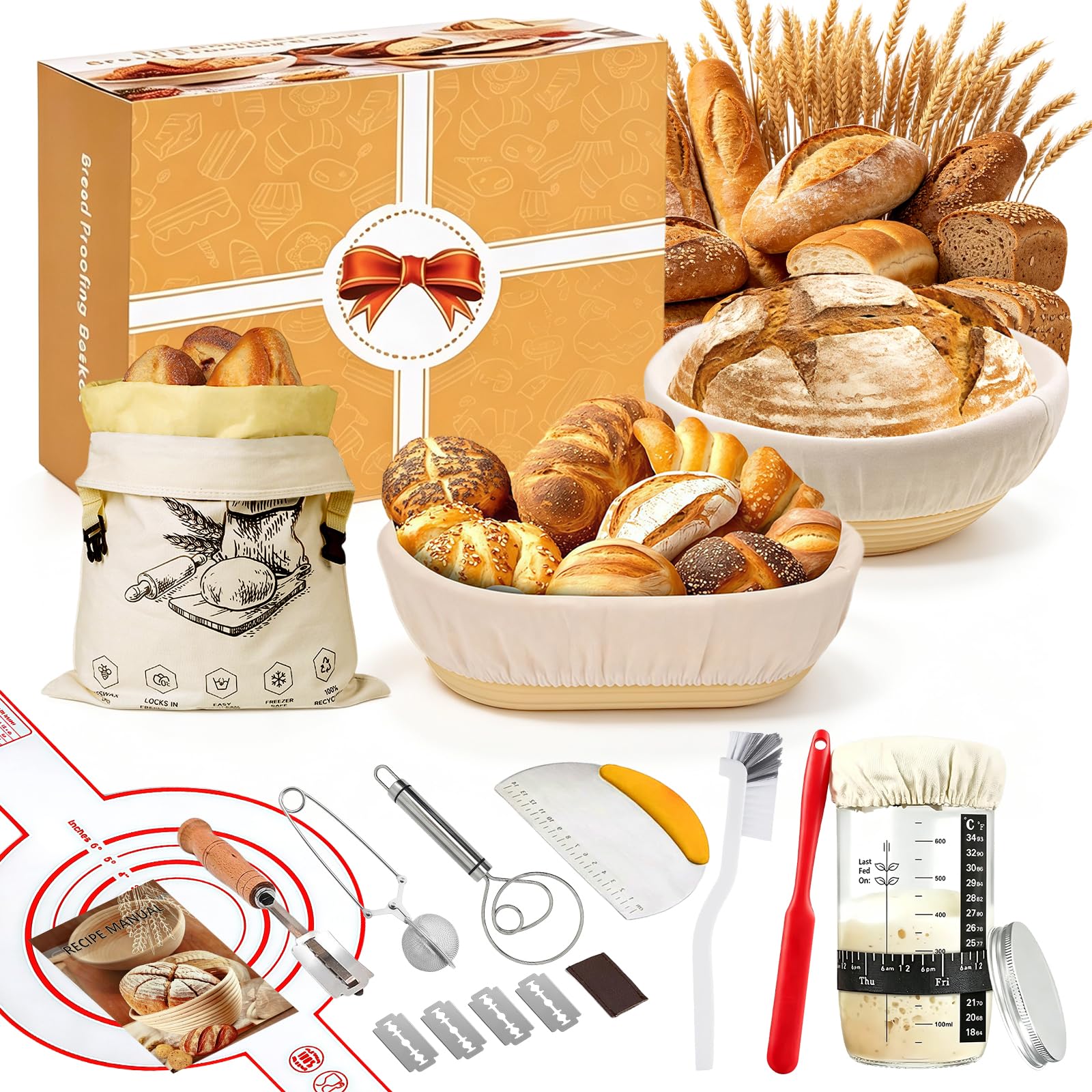 Juego de iniciación de masa fermentada, 16 piezas, cesta de fermentación, 2 cestas de fermentación, 1 herramientas de masa de vidrio, accesorios perfectos para hornear pan para panaderos profesionales