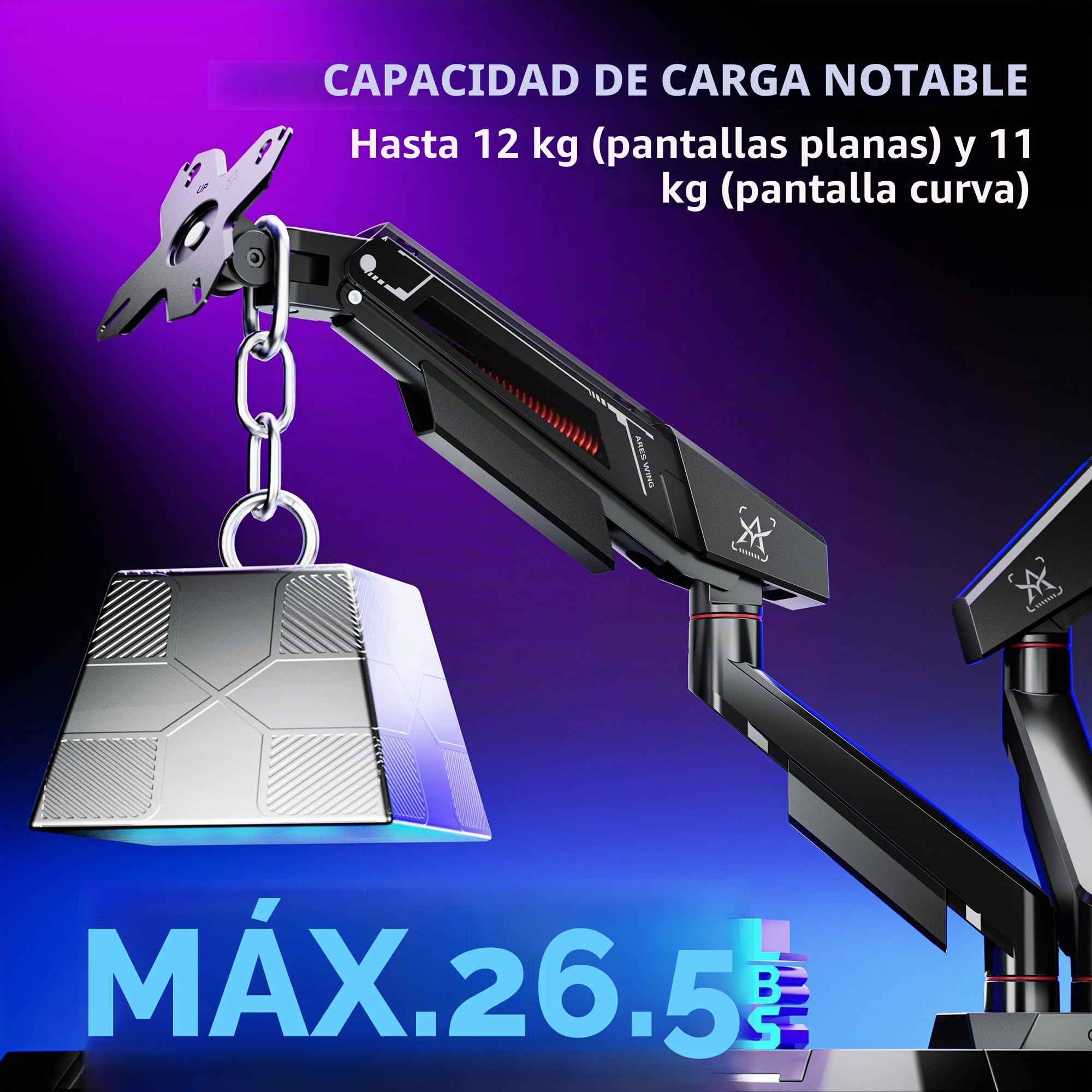 Ares Wing Soporte Monitor Doble 17-35", Brazo Ajustable 12 kg/Arm, Negro | Brazo monitor ergonómico con giro 360°, inclinación, altura ajustable, VESA 75/100mm y gestión de cables