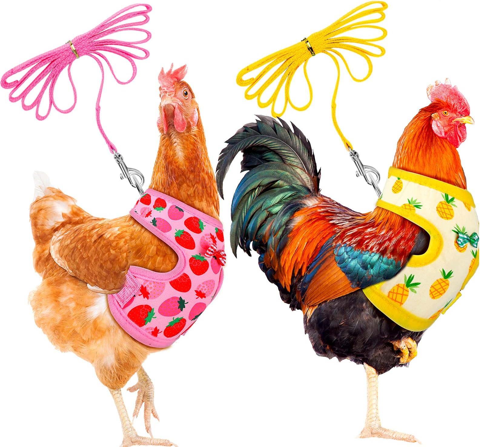 Frienda 2 Pcs Adjustable Chicken Harness and Leash Set Spring Summer Comfortable Elastic Hen Vest Breathable Harness for Hens Duck Goose Pet Training Walking Supplies(Pineapple, Strawberry,Medium)