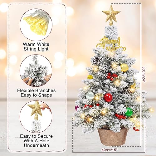 Miniatura 3 de Juego de mini árbol de Navidad de mesa de 24 pulgadas, pequeño árbol de Navidad preiluminado con luces LED cálidas, estrella de árbol, conos de pino
