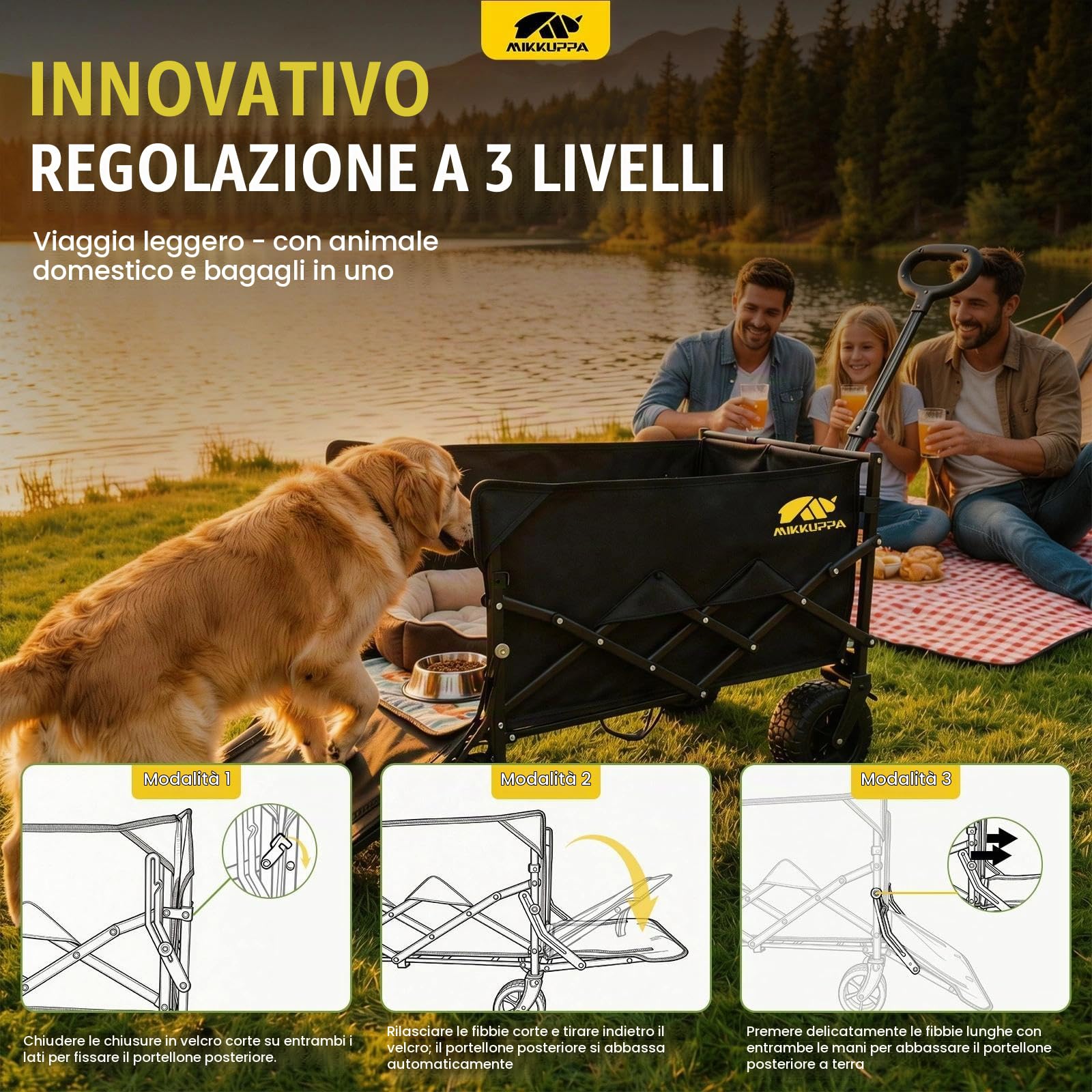 MIKKUPPA Carrello pieghevole da 150 l, portata 170 kg, colore antracite | Carrello a mano per animali domestici, per esterni, spiaggia, parco, regolabile in 3 posizioni in altezza