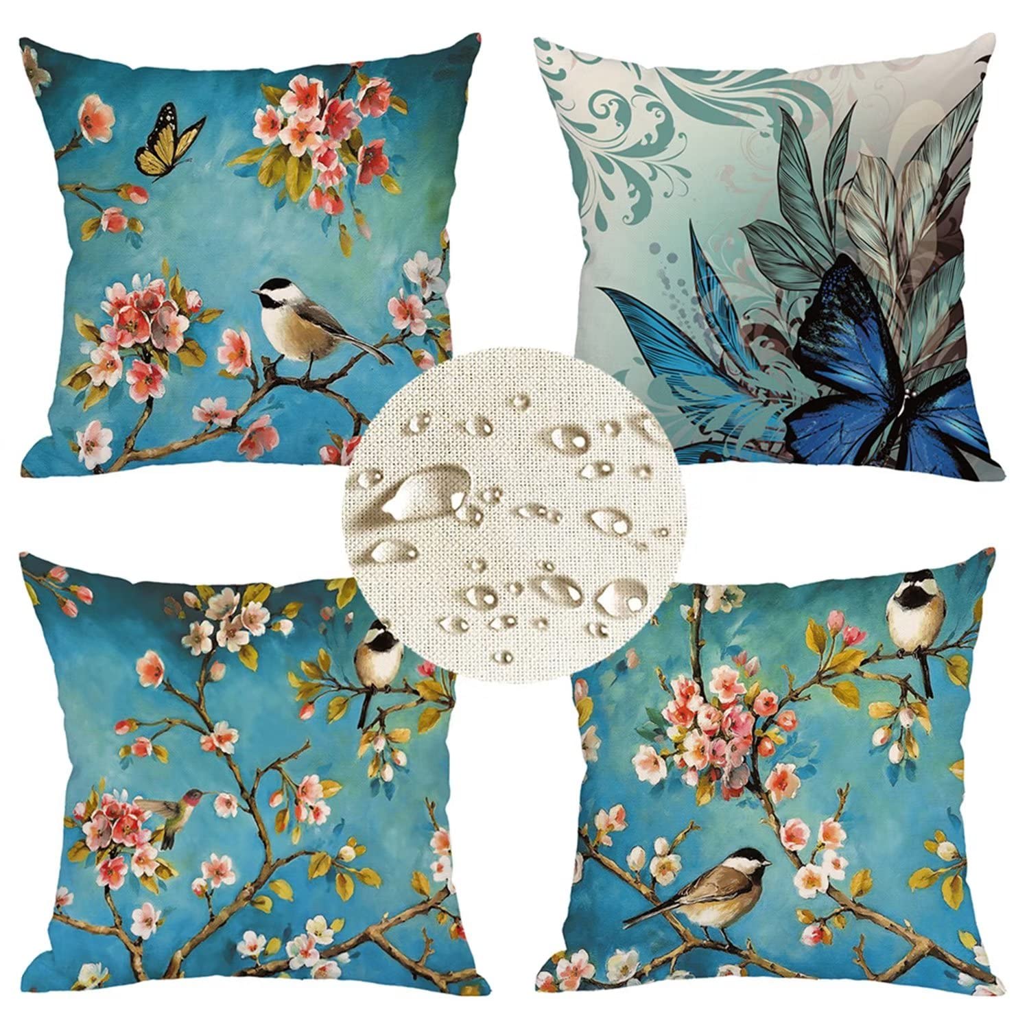 Fodere cuscini Impermeabili 60x60cm Set di 4 federe per cuscini Fiori Nordici Uccelli Stampa a doppia faccia cuscini divano Decorativa copricuscini divano in Lino per Divano Outdoor Home Decor H43