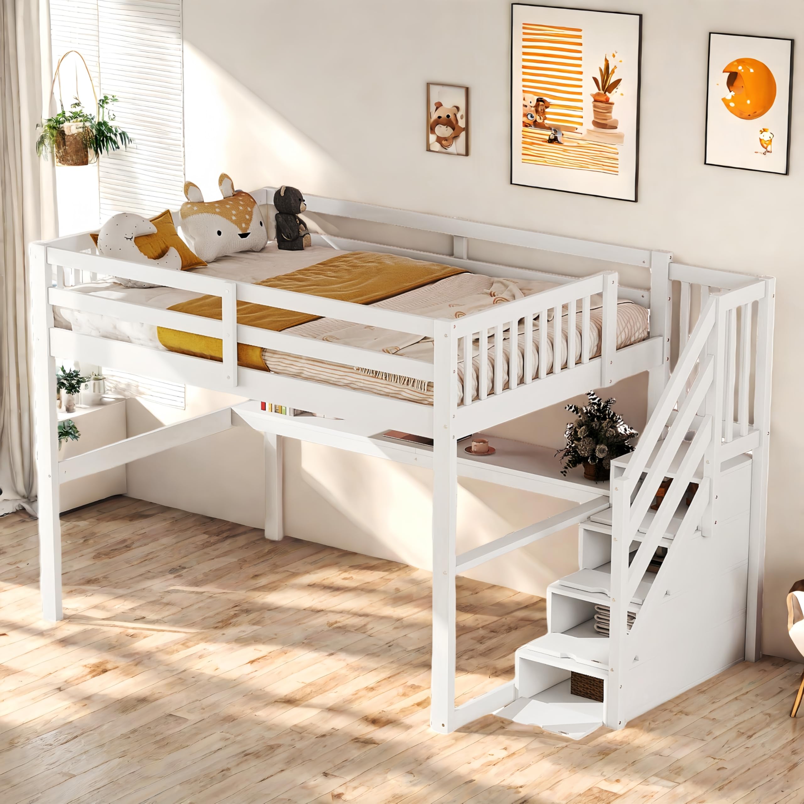 Lit superposé cabane enfant 90x200cm avec toboggan, barrière et