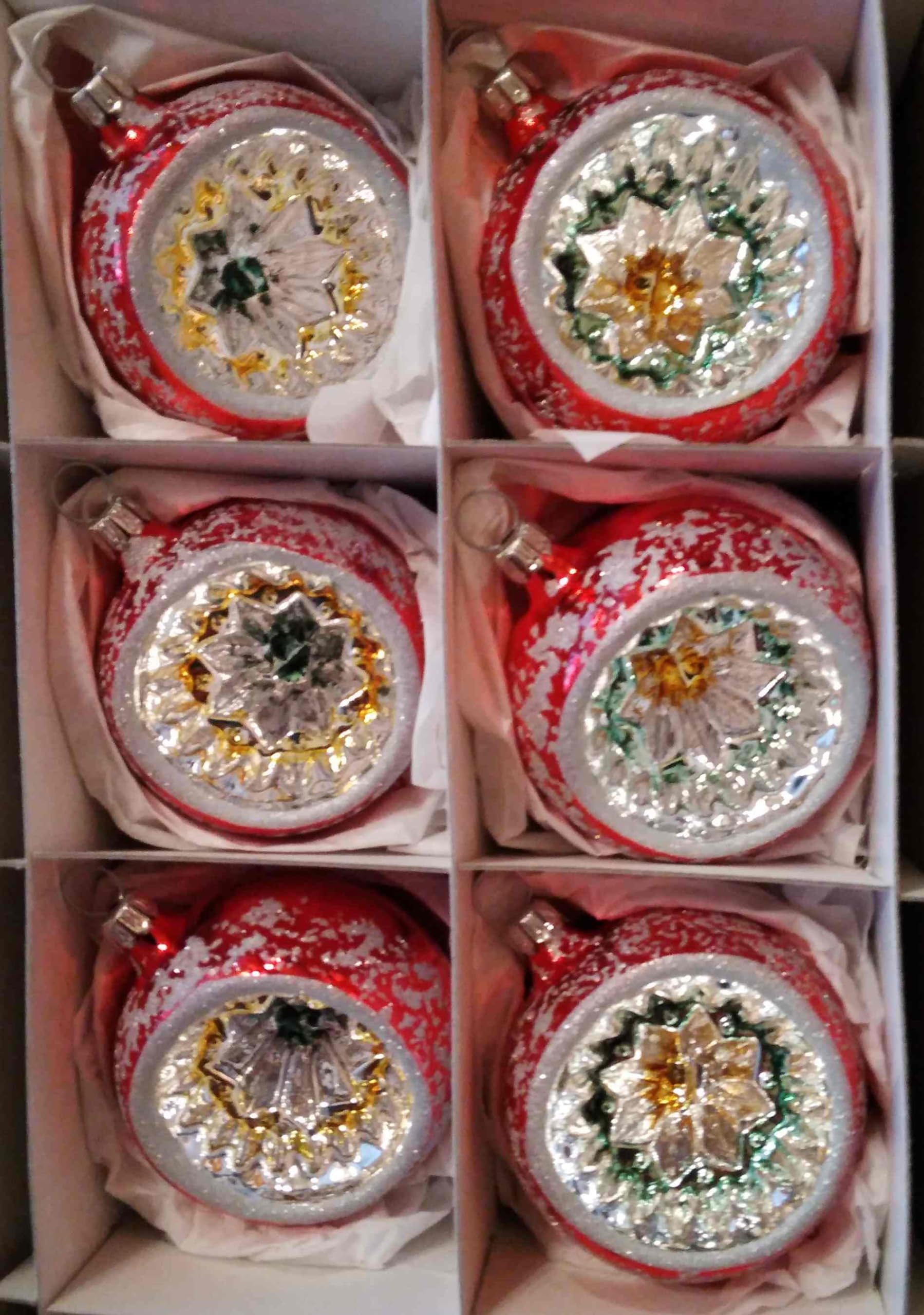 6er Set Reflexkugel rot, Silber, Gold - Hängende Kugel aus Glas - Weihnachten